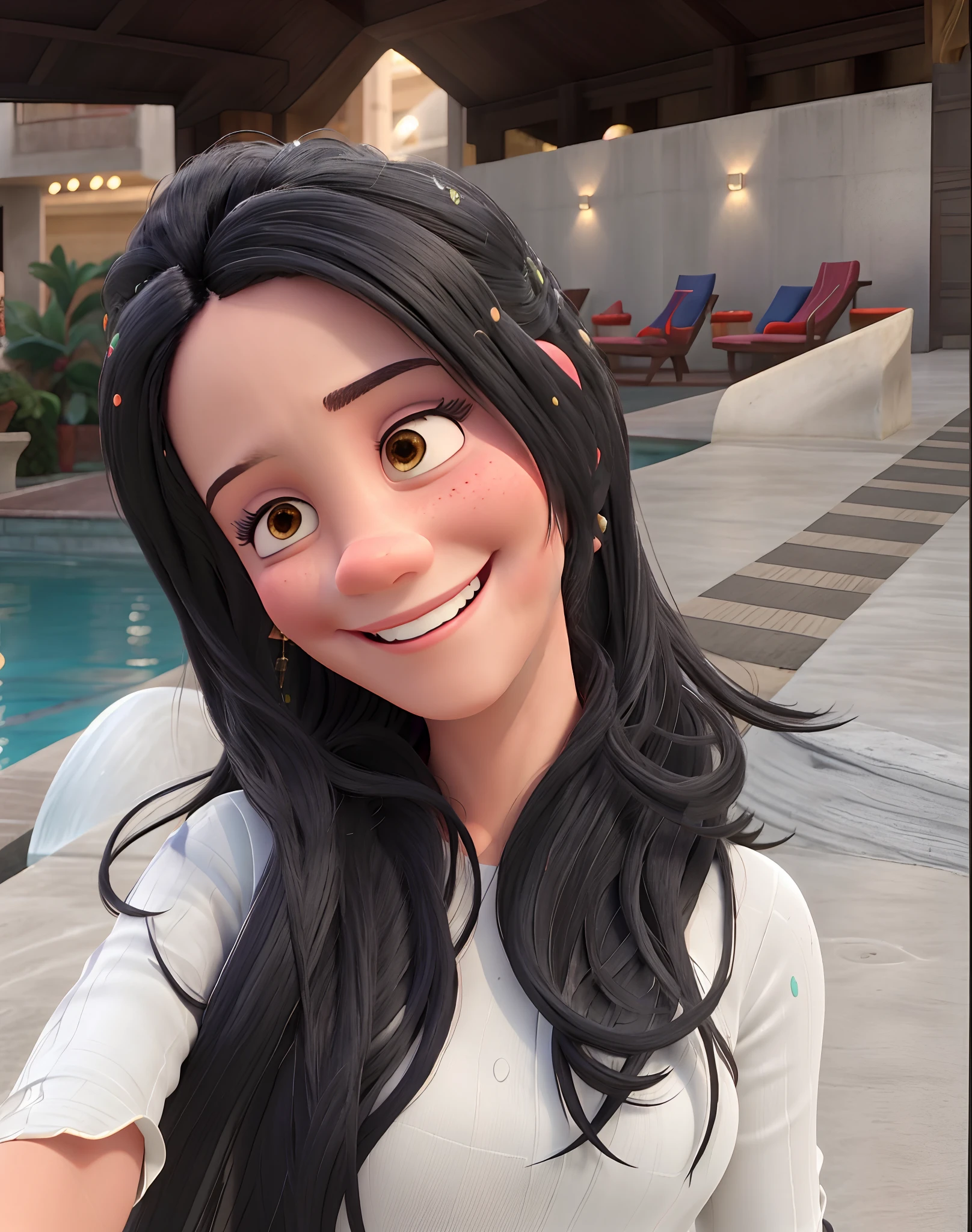 Smiling woman with long black hair in white dress standing in front of a swimming pool, bonito e sorridente, Malika Favre, fernanda suarez, Alanis Guillen, Valentina Embaralhamento, lovely smile, Directed by: Nandor Soldier, mulher nova com cabelo escuro longo, She is grinning, Violeta Myers, sorrindo e olhando diretamente estilo disney pixar, alta qualidade, melhor qualidade