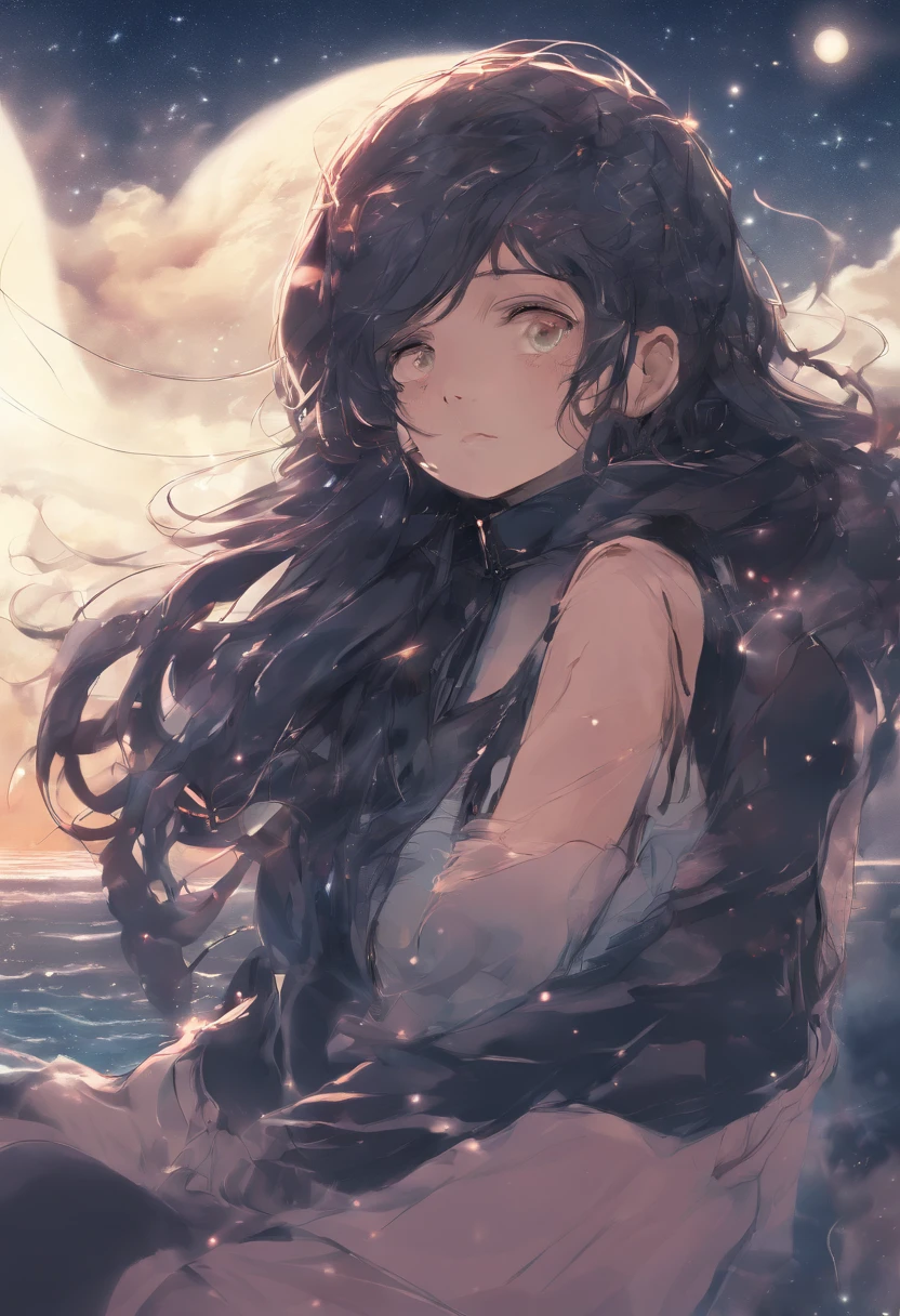 (masterpiece, best quality: 1.2), ultra detailed, cinematic lighting, HDR, illustration, landsape, 1girl, (soft colors), post-apocalyptic beach, the night, desolate atmosphere, girl sitting on the sand, covered vegetation, (overcast sky), waves crashing on the coast, (melancholic but hopeful), quiet moment of respite, (detailed textures), windswept hair, cloudy at night