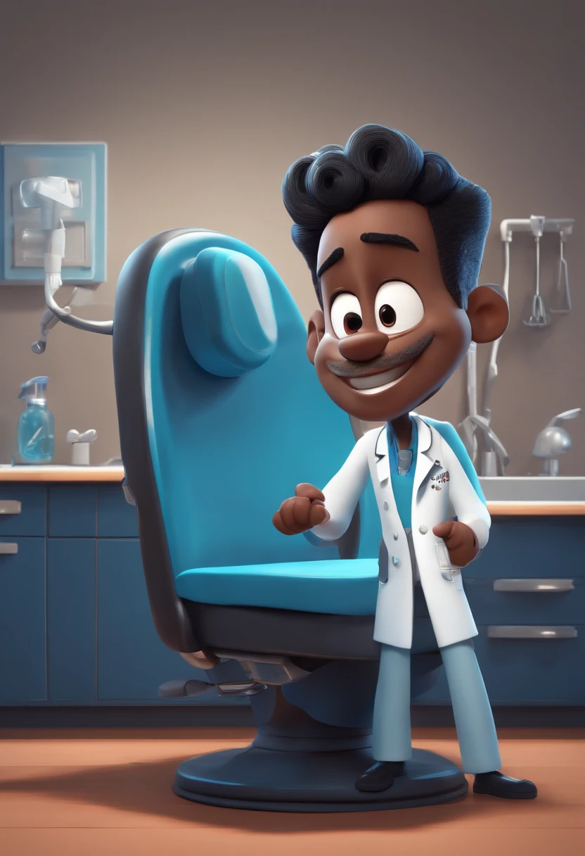 Personagem de desenho animado de um dentista usando jaleco preto e azul escuro , um personagem animado, Caractere estilizado, Pixar Style animation style rendering