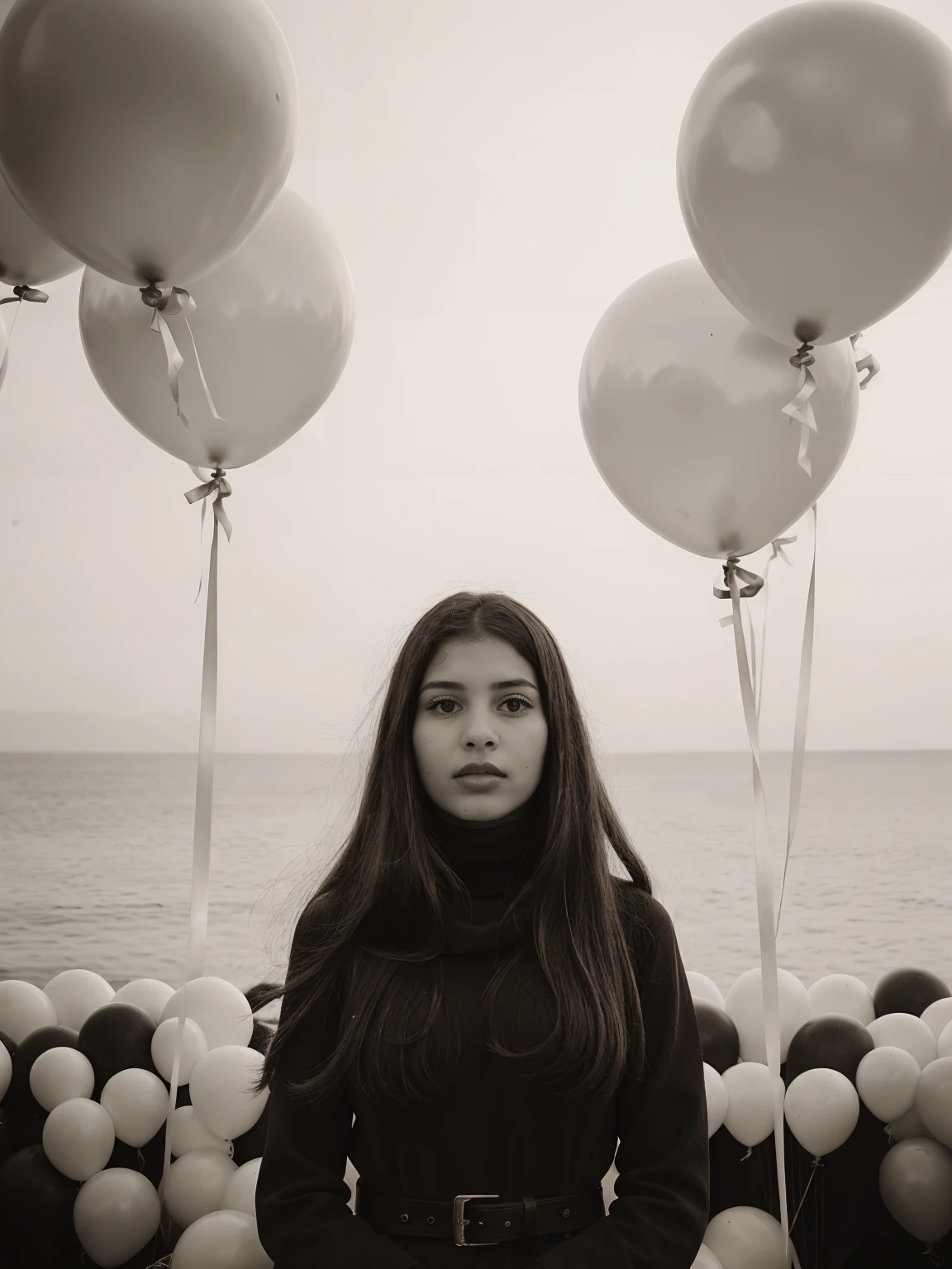 epiCSepia, fashion portrait photo of beautiful young woman from the 60s wearing a red turtleneck standing in the middle of a ton of white balloons, taken on a hasselblad medium format camera