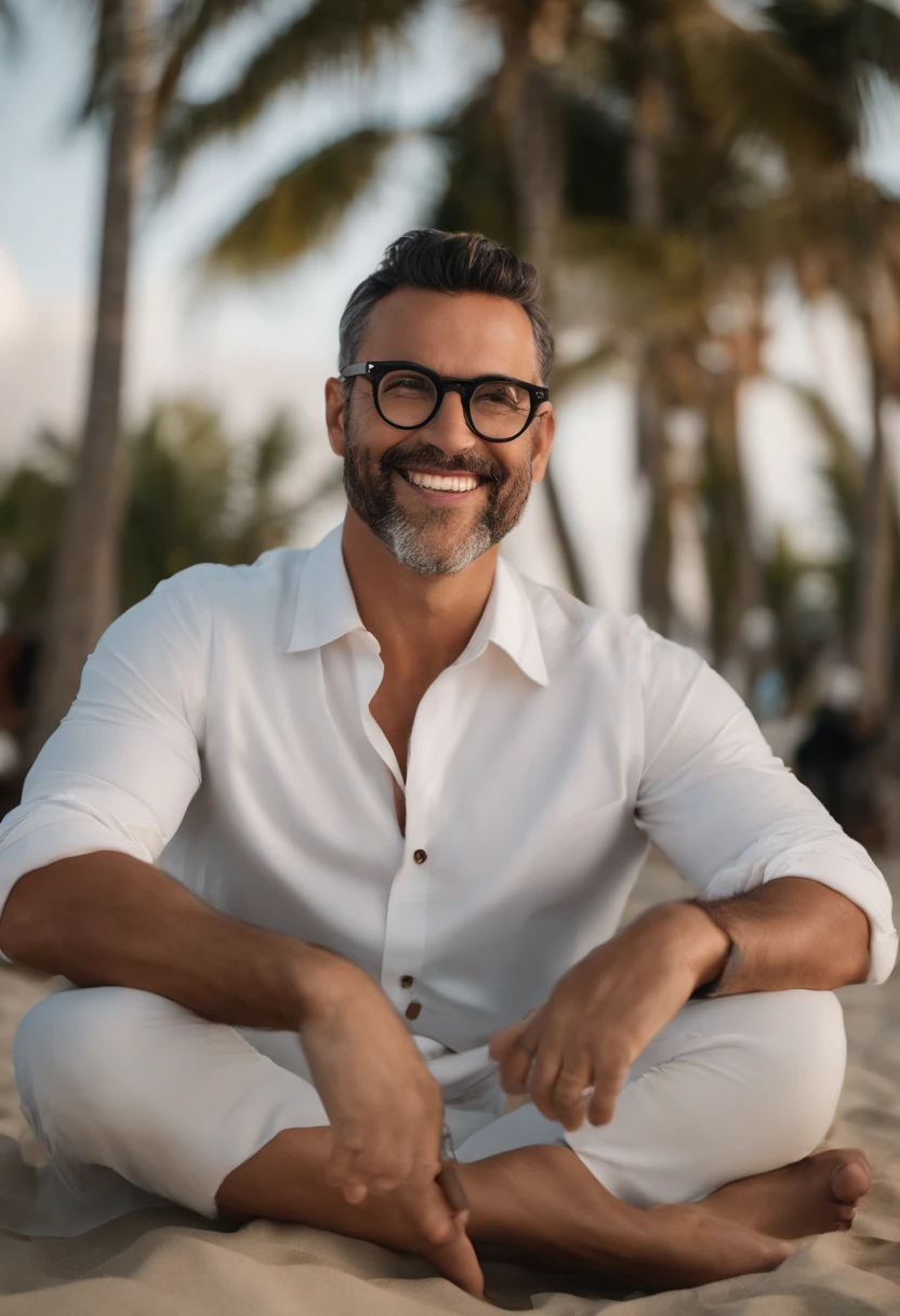 Personagem da Disney Pixar, um homem alto de 34 anos na praia, em uma camisa social, com olhos castanhos e cabelos pretos, wears black oval glasses. com pele branca, rosto fino, corte de cabelo curto, sorridente, fino, com uma placa dizendo Real Biz