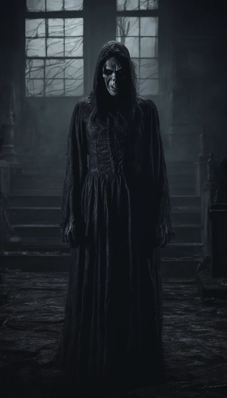 Demon in the background, Horror movie scene, Ghosts, monstre, Vampires, Dark and gloomy day. highly detailed. 8k. Detailed UHD, Effrayant, femme en premier plan