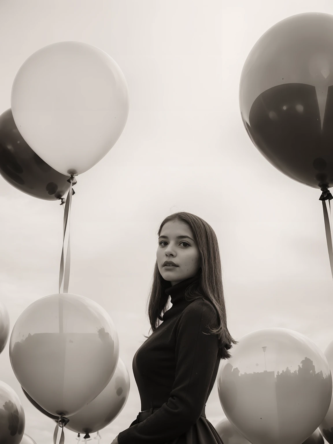 epiCSepia, fashion portrait photo of beautiful young woman from the 60s wearing a red turtleneck standing in the middle of a ton of white balloons, taken on a hasselblad medium format camera