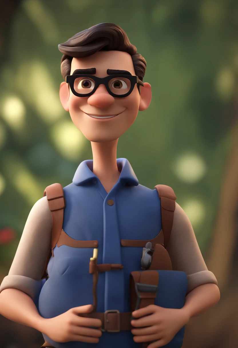 Cartoon character of a man wearing black glasses and a blue shirt, um personagem animado, Caractere estilizado, animation style rendering, 3D estilizado, Arnold Maya render, 3 d render stylized, toon render keyshot, Personagem 3D, Personagem 3D, 3d rendering stylized, 3 d character render, personagem de desenho animado, Personagem de close up, Pose de personagem, (Estilo Pixar) (master part:1.2) (Bokeh) (best quality) (pele detalhada) (textura detalhada) (8k) (argila) (Cinematic lighting) (foco nítido,Senta e vaza a parte superior do corpo