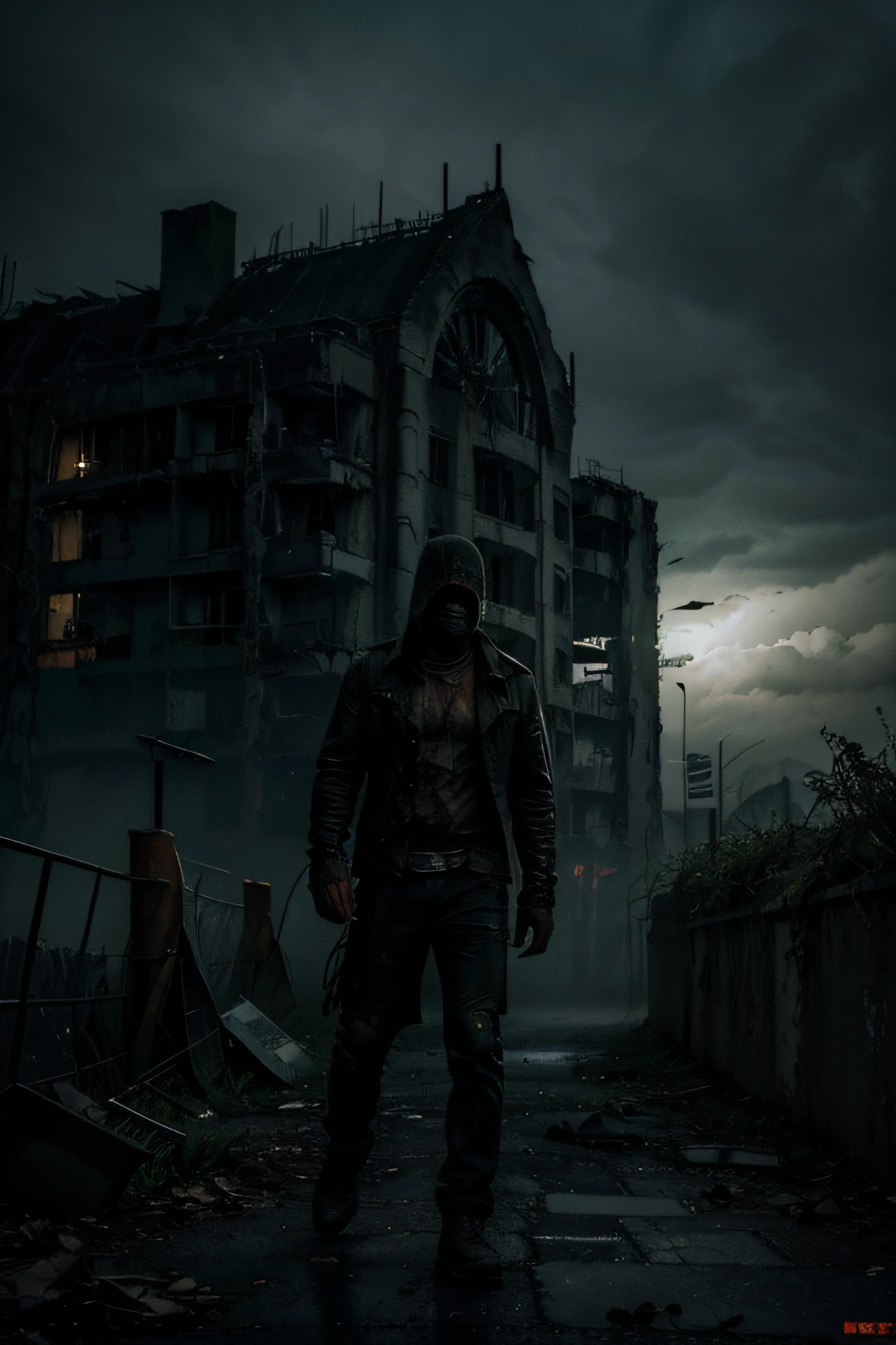 (best quality,ultra-detailed,realistic:1.37),horror hulk,landscape,dark lighting,menacing atmosphere,destructed clothing[ripped clothing],detailed muscular body,ominous expression,decay and rotting[zombified appearance],intense shadowing,red glowing eyes,blood-stained hands,creepy fog,misty background,gloomy ambiance,sinister aura,haunting presence,scary tall figure[imposing height],eerie surroundings,desolated environment,abandoned city ruins,collapsed buildings,cracked pavement,ominous clouds,menacing thunderstorm,broken streetlights,fallen leaves,smoke[lingering mist],haunted ambiance,fear and terror,evoking nightmares,spine-chilling scene,heart-pounding sensation
