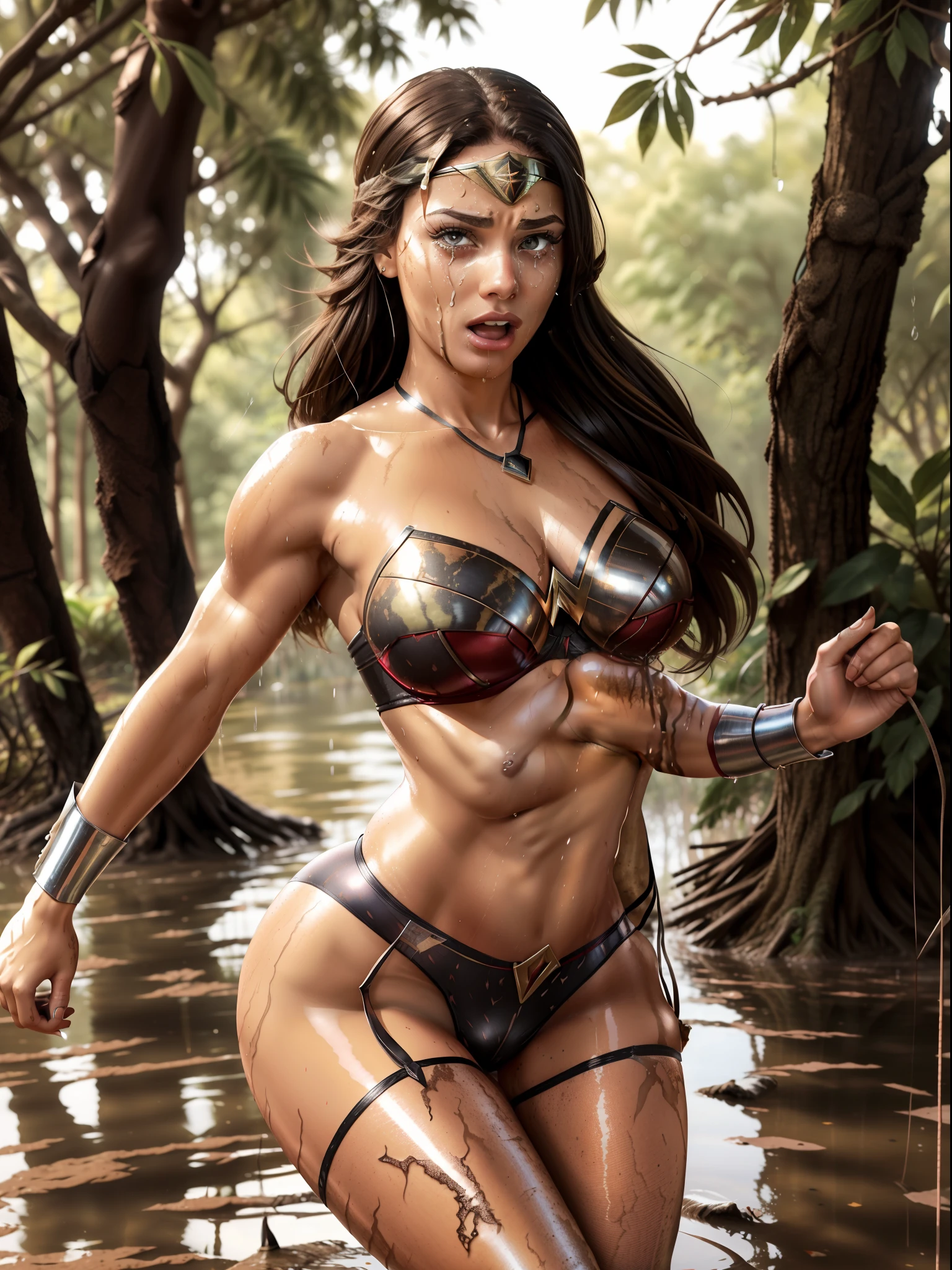 Wonder Woman is in the woods)), (Wonder Woman is wearing stiletto high heels), ((WONDER WOMAN SUPERHEROINE, ACUADA E CONTRA PAREDE), (She's wearing fishnet belt pantyhose)), (She's crying a lot), ((ela tem cabelo preto, ela tem cabelo longo)), ((She's wearing a thick metal necklace around her neck)), (Ela esta vestindo roupas imorais, she's wearing indecent clothes), (obra-prima, melhor qualidade) 1.5, 1girl, sozinho, (sexy, mulher bonita, rosto perfeito, olhos perfeitos), corpo inteiro. ((She's wearing OCLOW lace panties)), ((She's running through the mud, tears streaming down her face)).