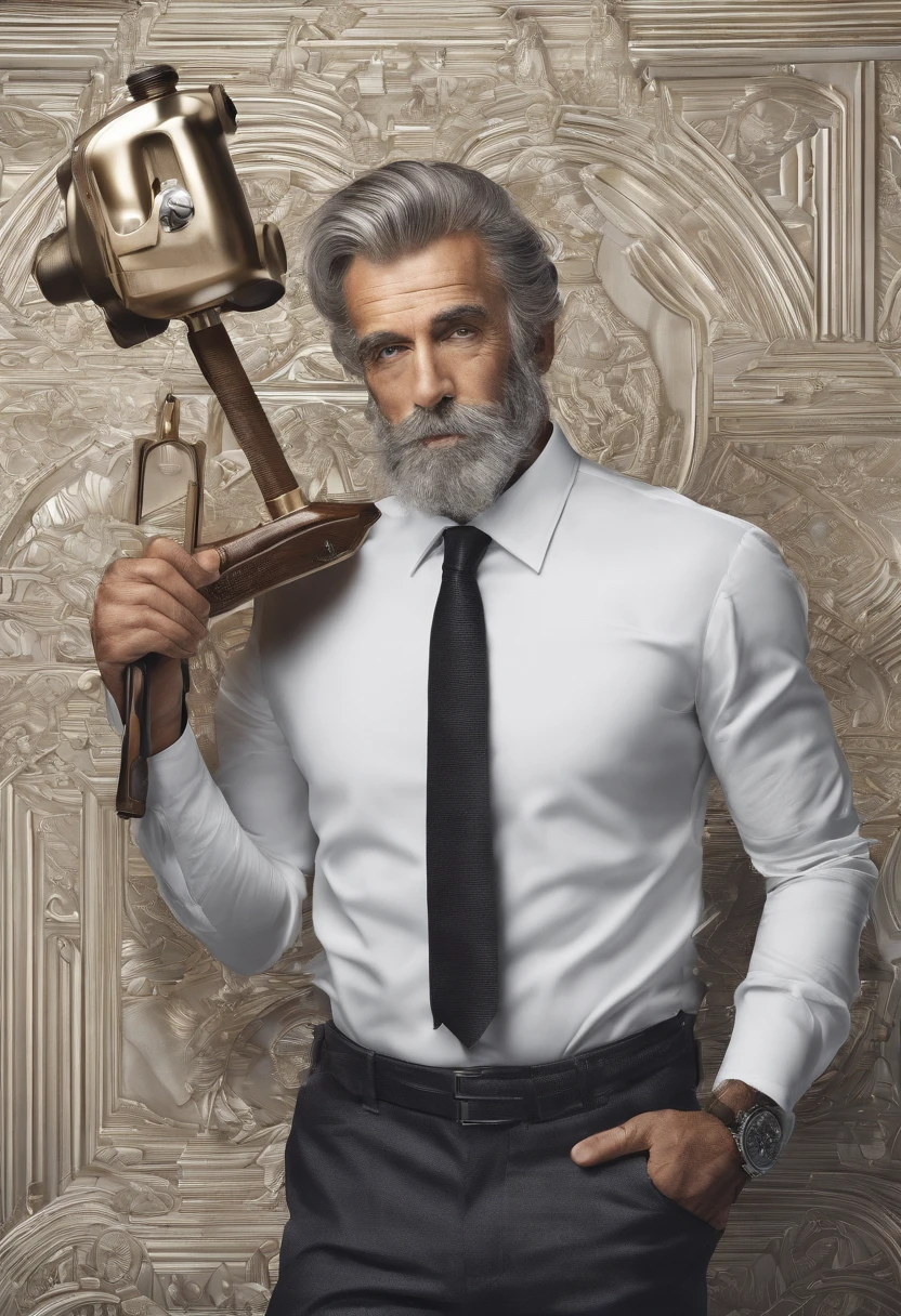um homem de 70 anos, cabelo grisalhos, olhos azuis, big forhead, Holding a mechanical tool