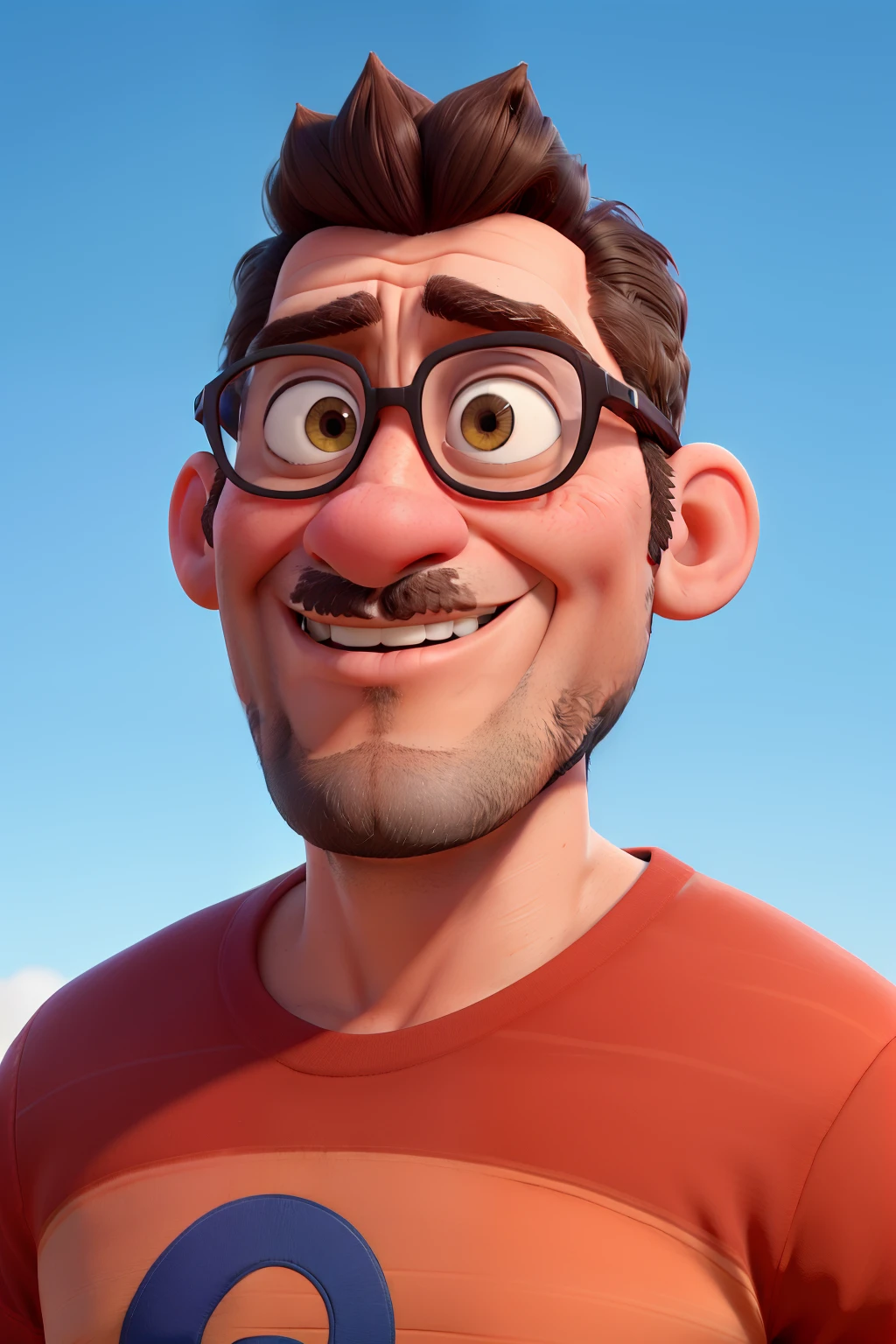 Criar um personagem inspirado Disney pixar, homem de 46 anos, Basketball Coach, usando uma regata numero 45, pele morena, barba e cavanhaque como tony stark, sobrancelhas grossas, labios carnudos, olhos castanhos claros, cabelos muitos curtos, with indentations on the forehead due to baldness, with a serious countenance.