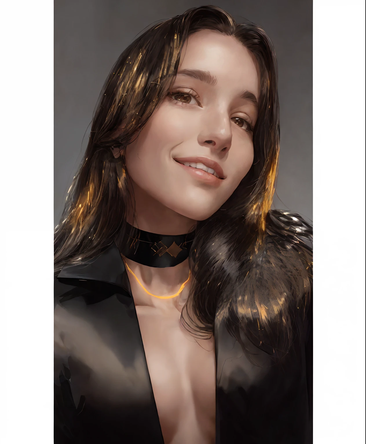 smiling woman with long hair wearing a black jacket and white shirt, wearing gold detailed choker, frontal picture, profile portrait, malika favre, fernanda suarez, high quality portrait, without makeup, glowy, alanis guillen, very high quality face, sultry look, by Rose Henriques, by Nándor Katona