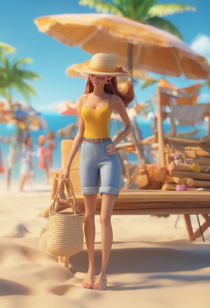 Estilo Pixar: Mulher usando espadrille shoes andando na orla da praia,3D Poster,Disney