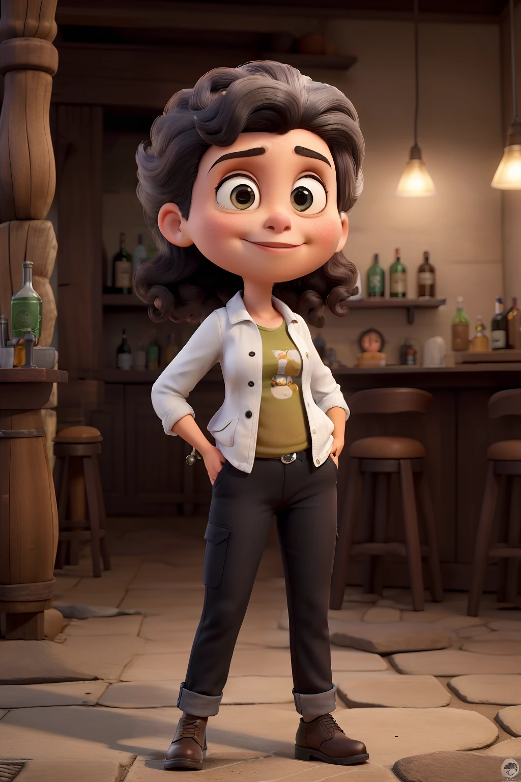 Obra-prima, de melhor qualidade, uma garota de cabelos pretos longos, wearing black pants, uma blusa apertada branca e uma jaqueta preta de couro, em frente a um bar, estilo pixar.