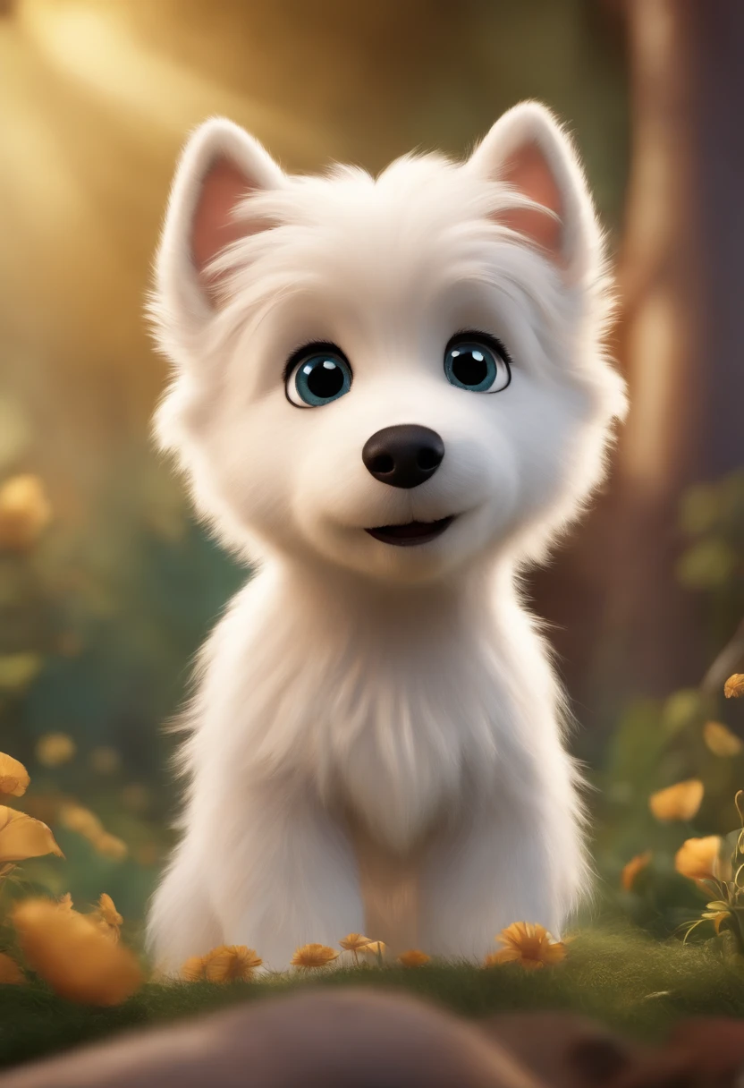 Disney Pixar movie animated poster of a cute silky haired white and caramel little german sptiz with big black eyes and a black nose,