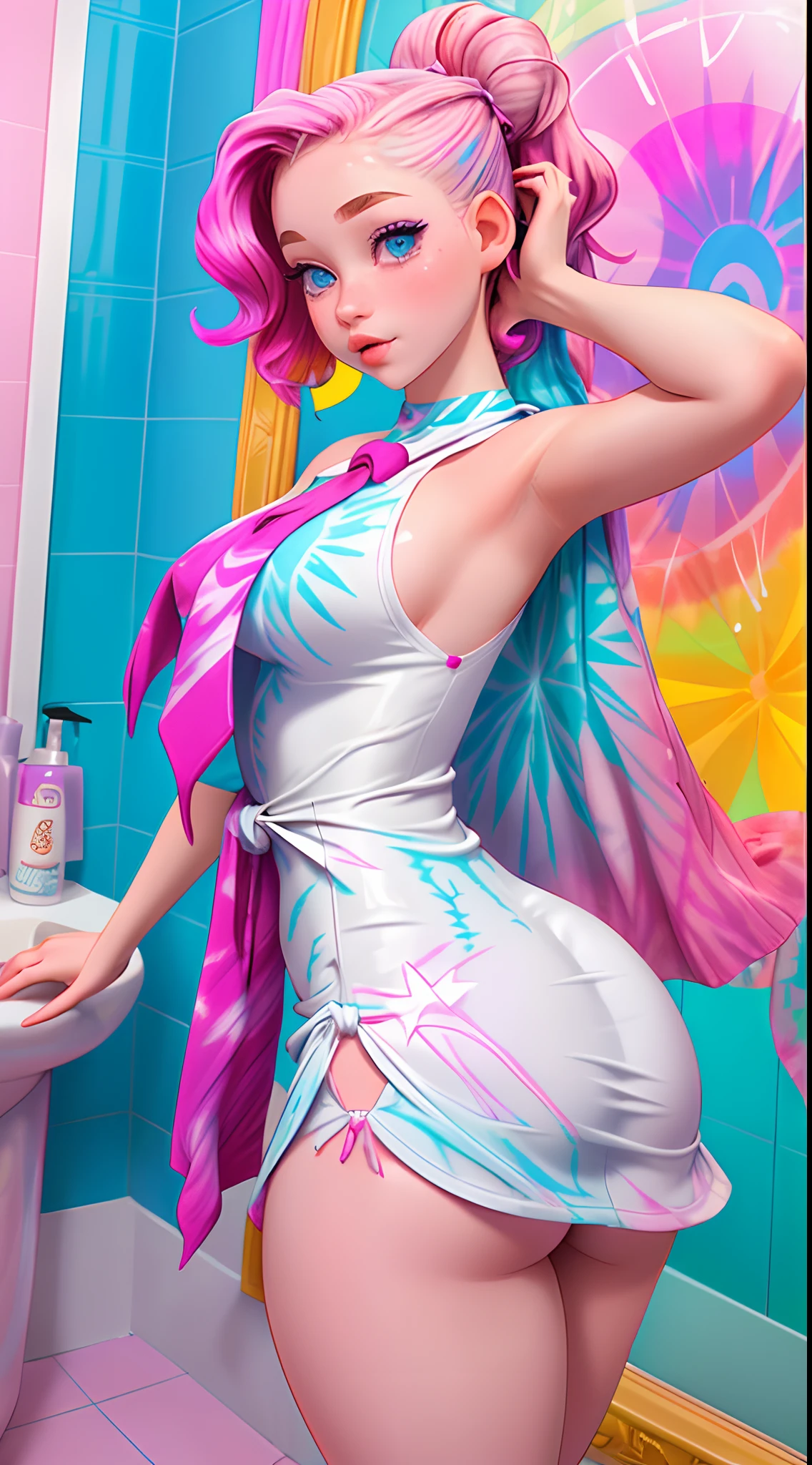 araffe 1girl (16yearsold), 16 years old, young divine feminine girly, angelically face, albinism skin, porcelain skin, white skin, pale skin, cute , gorgeous, naughty, large huge shaped worked buttocks, taking a selfie in a bathroom mirror,(( tie_dye print tight dress)), tight attire, skintight dress, skinny waist and thick hips, big sexy booty, sexy dress, short Lycra minidress, kawaii girl fan, doujin 16 years old, thicc, voluptuous photo of slim girl, in tie_dye print tight short dress, hyper intricate detailed,