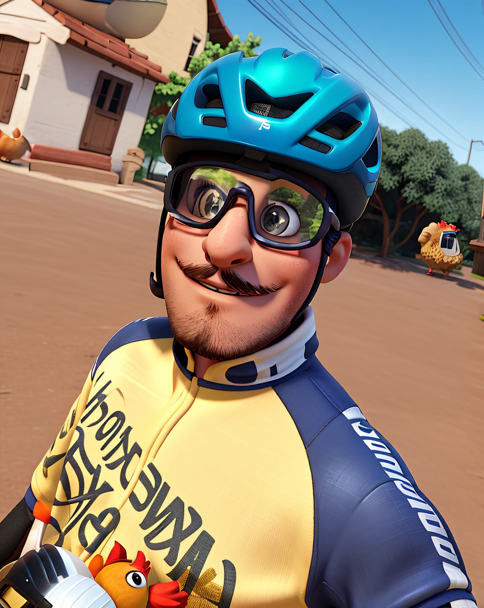Cyclist man with glasses and helmet and chickens in disney pixar style background, alta qualidade, melhor qualidade