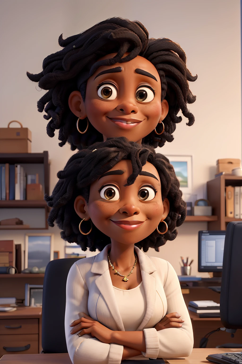 masterpiece, best quality ,Portrait of mid adult successful black mature woman looking at camera with arms crossed. Smiling african american business woman standing in new office .Portrait of mature woman.