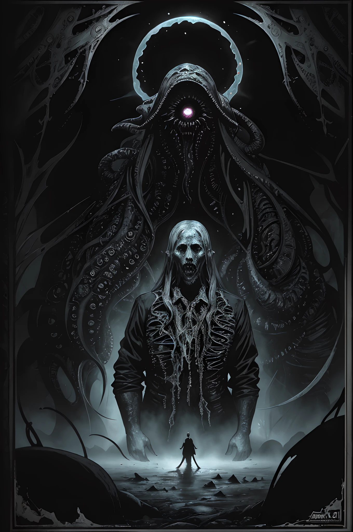 POSTER ART, Explore the Lovecraftian horror genre with an illustration that conveys the otherworldly and cosmic dread often associated with the works of H.P. Lovecraft. text, logos, modern art, pop art, black background