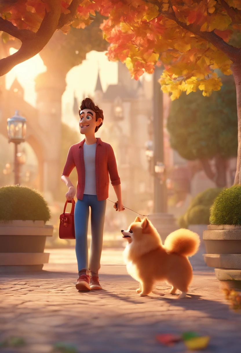 Estilo Pixar: Adult man is playing with a girl is a Pomeranian puppy Lulu,3D Poster,Disney