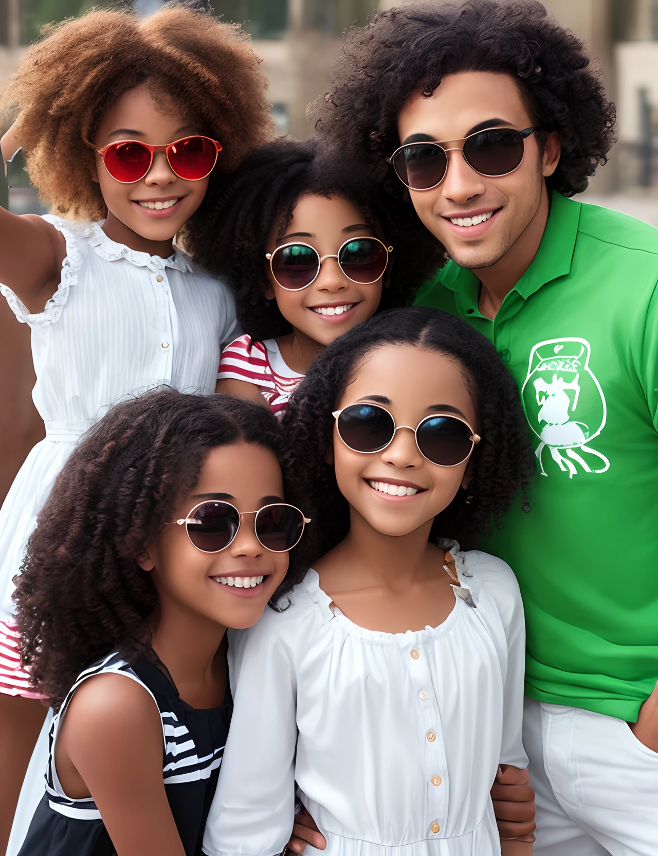 The image shows a bald, clean-shaven black man with sunglasses, a black woman with curly hair and a 6-year-old child with curly hair, together, posing for a photo. The woman is wearing a white dress, while the girl is wearing a white dress. The man is wearing a red, green and white striped shirt, and the three of them smile at the camera. The scene appears to be outdoors. create in 3D Pixar style.