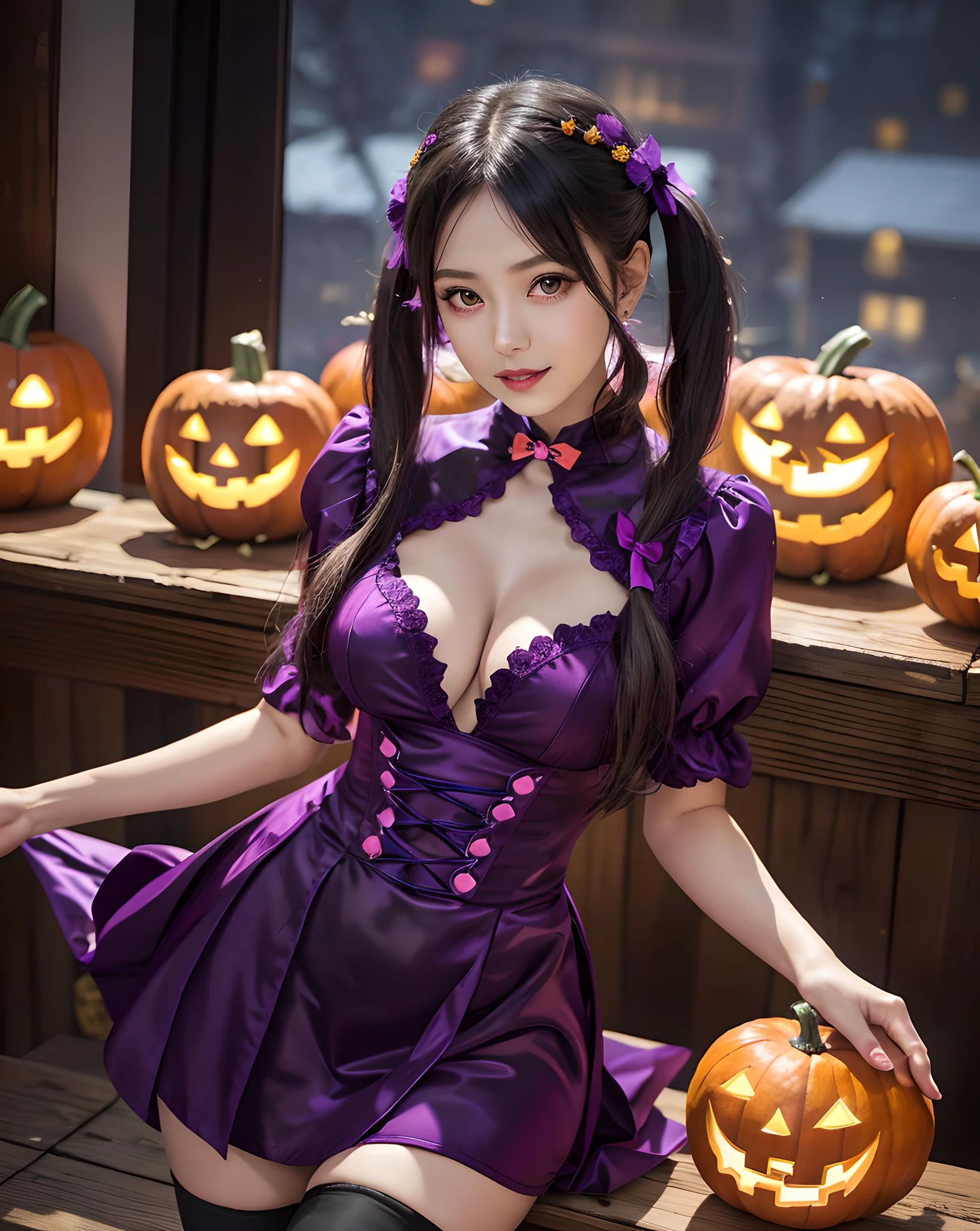 araffe dressed in a purple dress and black boots sitting on a table, in a halloween style, ayaka cosplay, succubus in tight short dress, anime girl cosplay, halloween atmosphere, juri misaki, halloween, halloween night, dark purple, halloween celebration, she is a gourd, pretty sorceress, black and violet costume, trick or treat