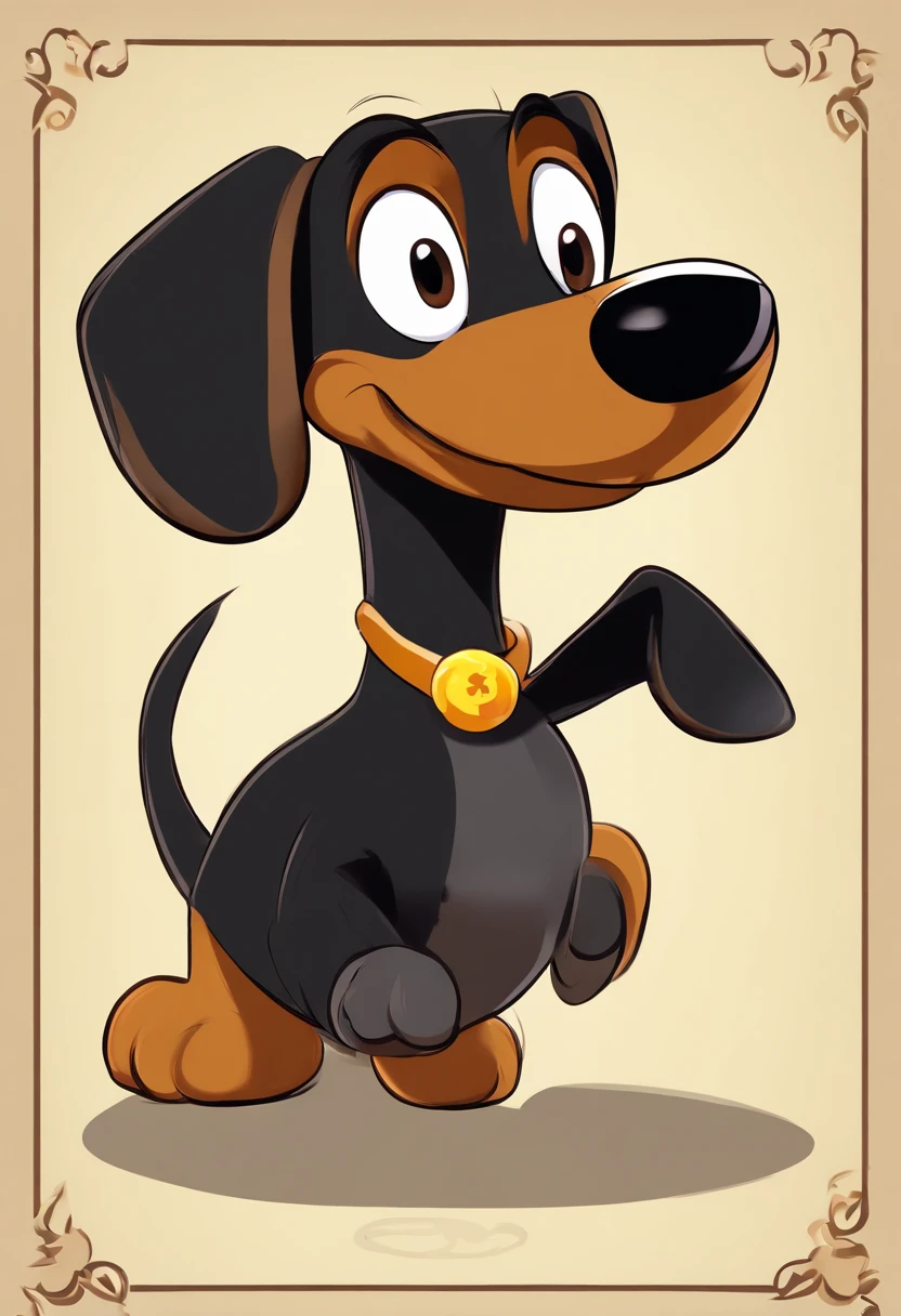 animated Disney pixar movie poster of a cute little shaggy black and brown silky wire haired dachshund with big black eyes and a black nose, going after a squeaky toy treat