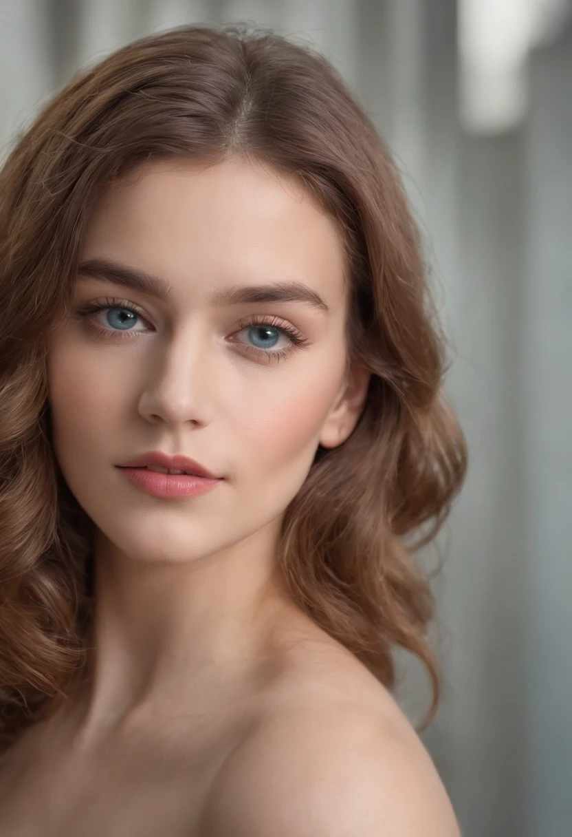 "Portrait complet d’une charmante femme de 18 ans aux cheveux bouclés couleur foin, Un look de coiffure de la fin des années 80, petites taches de rousseur, beau visage, Yeux bleu foncé captivants, et taille modeste du buste, mettant en valeur sa beauté naturelle."