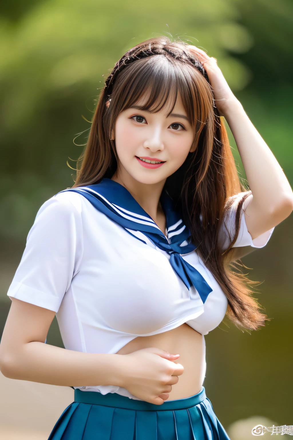 (One Girl), Very cute face, Great face and eyes, (Highly detailed eyes, Highly detailed face), Fresh, Very beautiful appearance, (Ultra-realistic, High resolution), (highest quality:1.4), RAW Photos, (Realistic, Realistic:1.37), Professional photography , (Wet and see-through sailor uniform:1.1)  , Smile a little, (look at me) , Portrait of a Girl  , (flat breasts:1.3)   , ((15 years old))   , (short hair:0.9) , (wavy hair:1.3) , (Nipples visible through sailor uniform:1.3) , (Pussy juice:1.3) , (Please tilt your head a little) , Perfect nipples , ((Nipples are light pink )) , ((light pink areola))  , (Put your arms behind your head:1.3) , (The man is licking her nipples:1.4) , (sweating cleavage:1.2) , (sperm on her breasts ) , (small nipples)