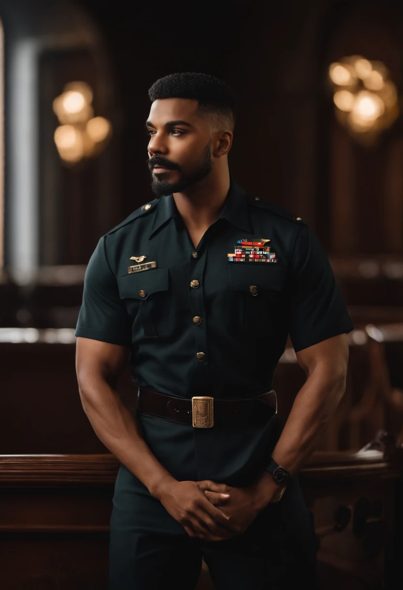 um homem, em breve, e bigode e cavanhaque ralo, cabelo estilo militar com uma litras do lado esquerdo, cabelo grisalho, mais para o preto , olhos castanhos, com fones de ouvido azuis, um pulpito de uma igreja ao fundo, com a parede preta, Imagem no estilo Pixar, Estilo de filme animado 3D, Disney, camiseta preta com uma chama no meio