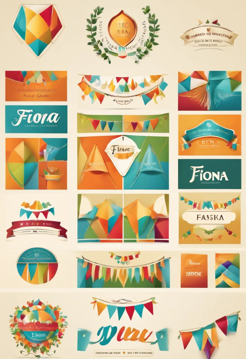 A logo design incorporating charming and colorful bunting flags, forming a circle around the company name "Fiona", creating a sense of celebration and fun. Use this image style for the concept: Vector Illustration.