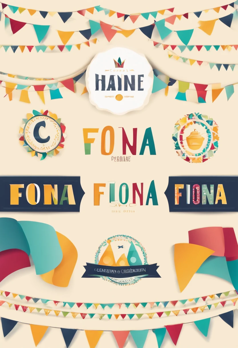 A logo design incorporating charming and colorful bunting flags, forming a circle around the company name "Fiona", creating a sense of celebration and fun. Use this image style for the concept: Vector Illustration.