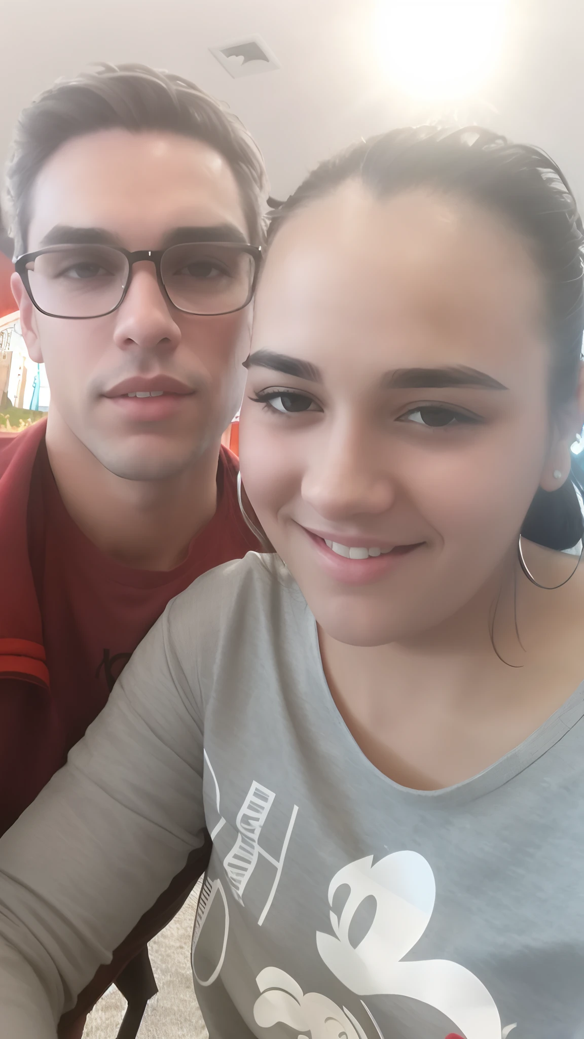 Casal lindo, Man with gray hair and light brown eyes in heartthrob outfit and woman with tied black hair and brown eyes in princess dress sitting in front of a castle
