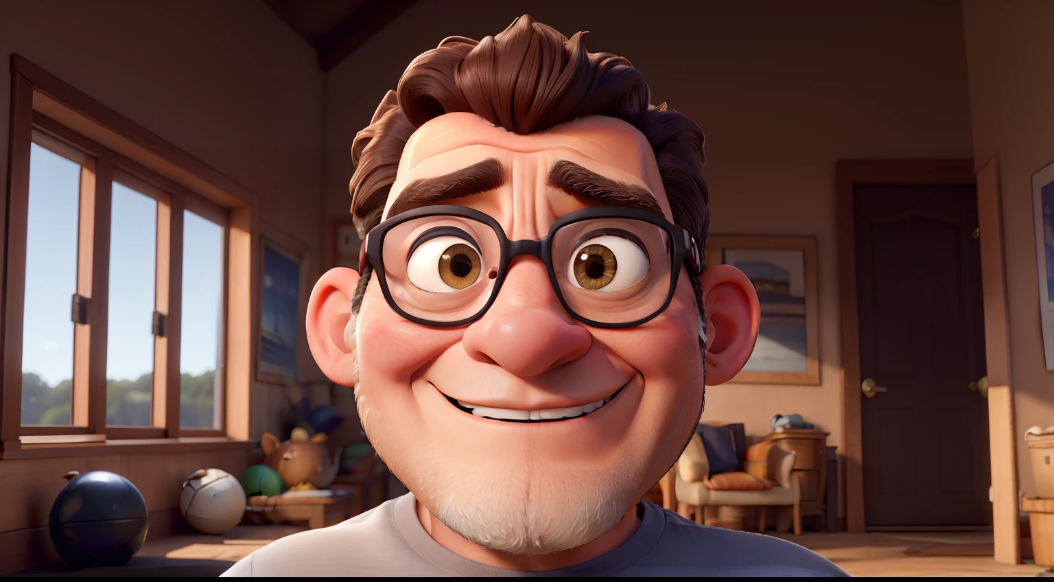 Criar um personagem inspirado Disney pixar, homem de 46 anos, Basketball Coach, usando uma regata numero 45, pele escura, nariz pontudo, barba e cavanhaque como tony stark, sobrancelhas grossas, labios carnudos, olhos castanhos claros, cabelos muitos curtos, with indentations on the forehead due to baldness, with a serious countenance.