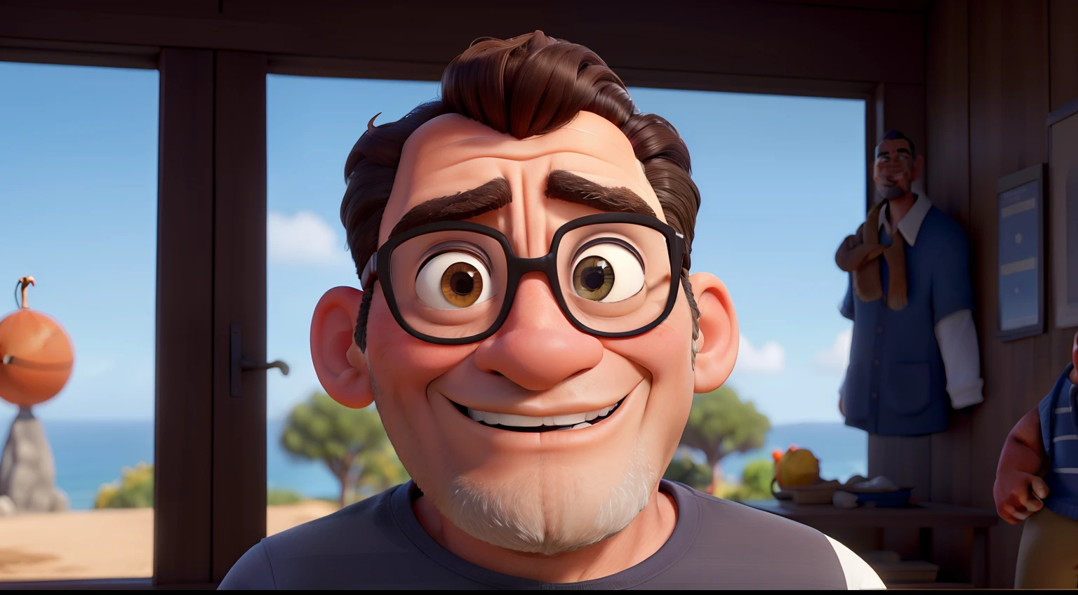 Criar um personagem inspirado Disney pixar, homem de 46 anos, Basketball Coach, usando uma regata numero 45, pele escura, nariz pontudo, barba e cavanhaque como tony stark, sobrancelhas grossas, labios carnudos, olhos castanhos claros, cabelos muitos curtos, with indentations on the forehead due to baldness, with a serious countenance.