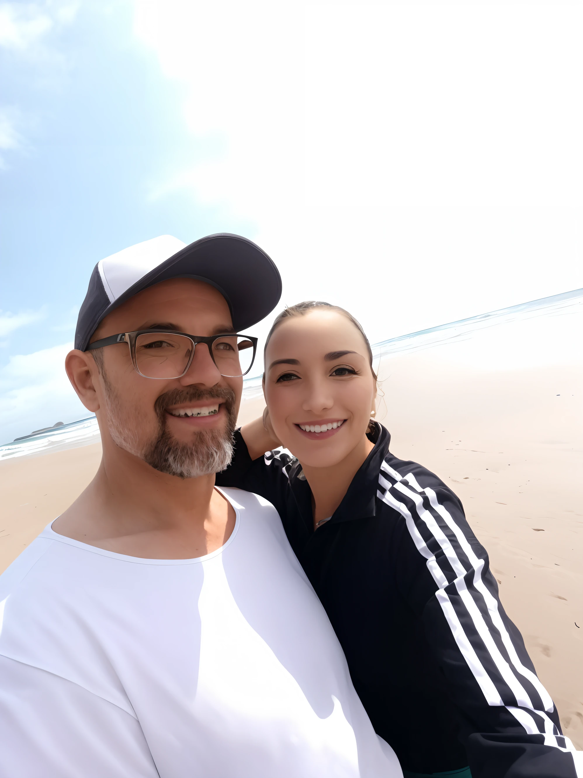 there is a man and woman standing on the beach together, standing near the beach, foto de praia, na praia, imagem de perfil, em uma praia, standing at the beach, vacation photo, foto de perfil, em uma praia, na praia, em uma praia ensolarada, posando em uma praia com o oceano, no mar, na praia, Fotografia selfie 8k
