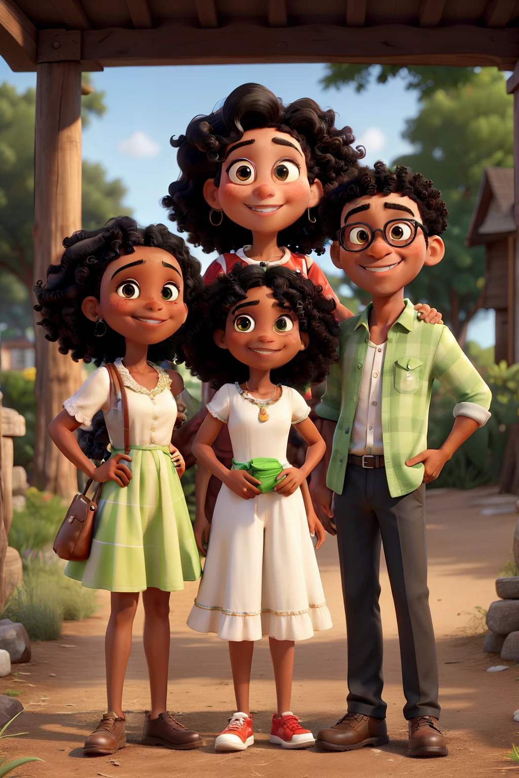 The image shows a bald, clean-shaven black man with sunglasses, a black woman with curly hair and a 6--old h curly hair, together, posing for a photo. The woman is wearing a white dress, while the girl is wearing a white dress. The man is wearing a red, green and white striped shirt, and the three of them smile at the camera. The scene appears to be outdoors. create in 3D Pixar style.