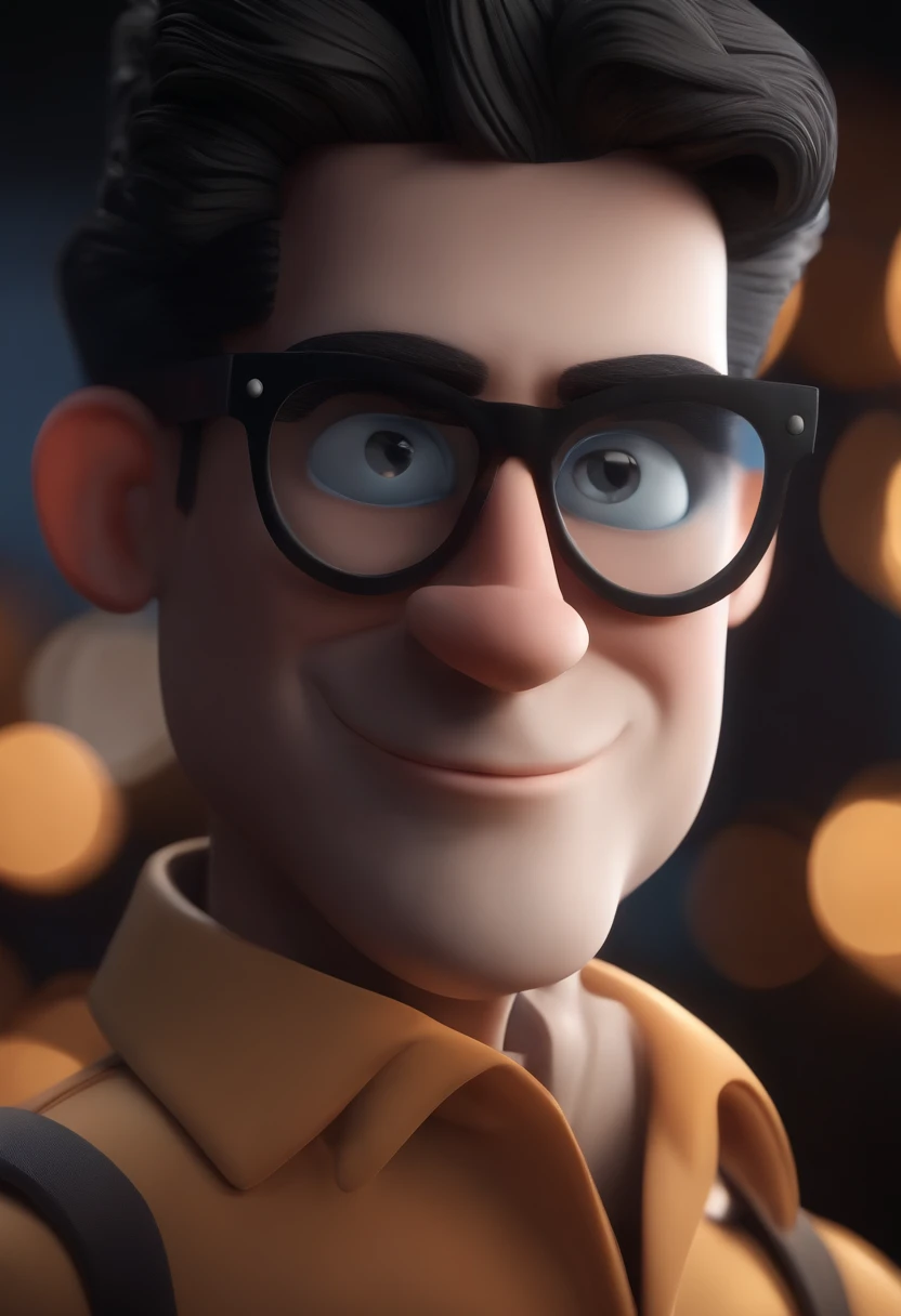 Cartoon character of a man wearing black glasses and a blue shirt, um personagem animado, Caractere estilizado, animation style rendering, 3D estilizado, Arnold Maya render, 3 d render stylized, toon render keyshot, Personagem 3D, Personagem 3D, 3d rendering stylized, 3 d character render, personagem de desenho animado, Personagem de close up, Pose de personagem, (Estilo Pixar) (master part:1.2) (Bokeh) (best quality) (pele detalhada) (textura detalhada) (8k) (argila) (Cinematic lighting) (foco nítido,Senta e vaza a parte superior do corpo