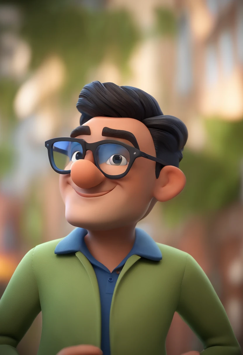 Cartoon character of a man wearing black glasses and a blue shirt, um personagem animado, Caractere estilizado, animation style rendering, 3D estilizado, Arnold Maya render, 3 d render stylized, toon render keyshot, Personagem 3D, Personagem 3D, 3d rendering stylized, 3 d character render, personagem de desenho animado, Personagem de close up, Pose de personagem, (Estilo Pixar) (master part:1.2) (Bokeh) (best quality) (pele detalhada) (textura detalhada) (8k) (argila) (Cinematic lighting) (foco nítido,Senta e vaza a parte superior do corpo