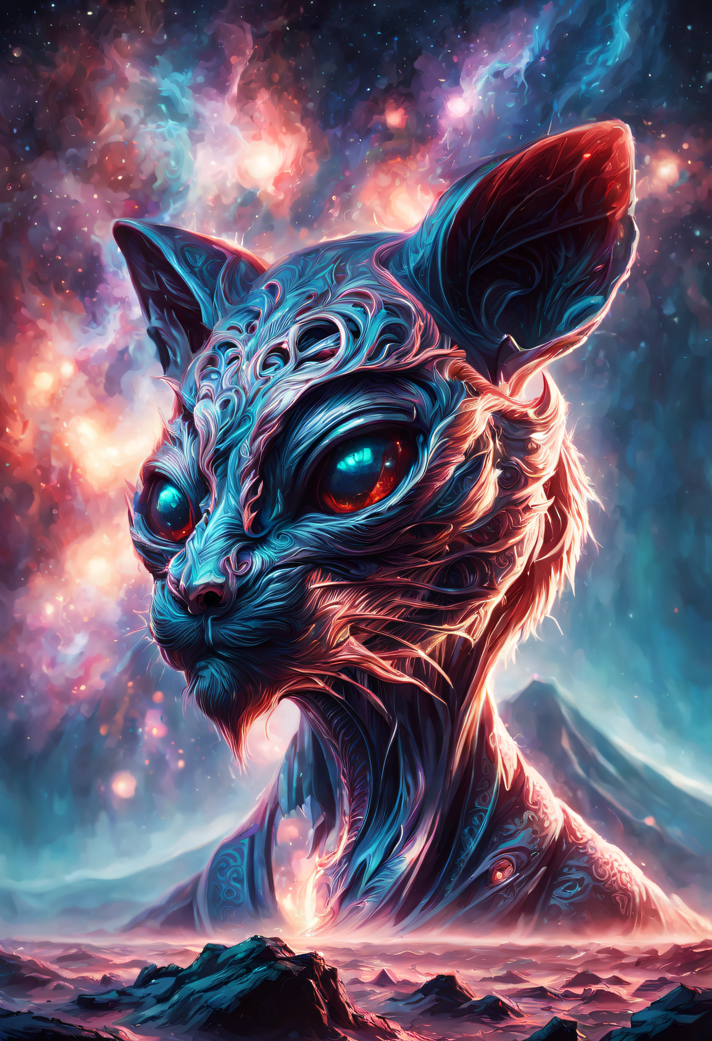 art by Marek Okon and dan mumford,  Yarn model of a large Brother, the Brother is Luminous, Samurai, elegant, Cryptidcore, anaglyph filter, alienzkin