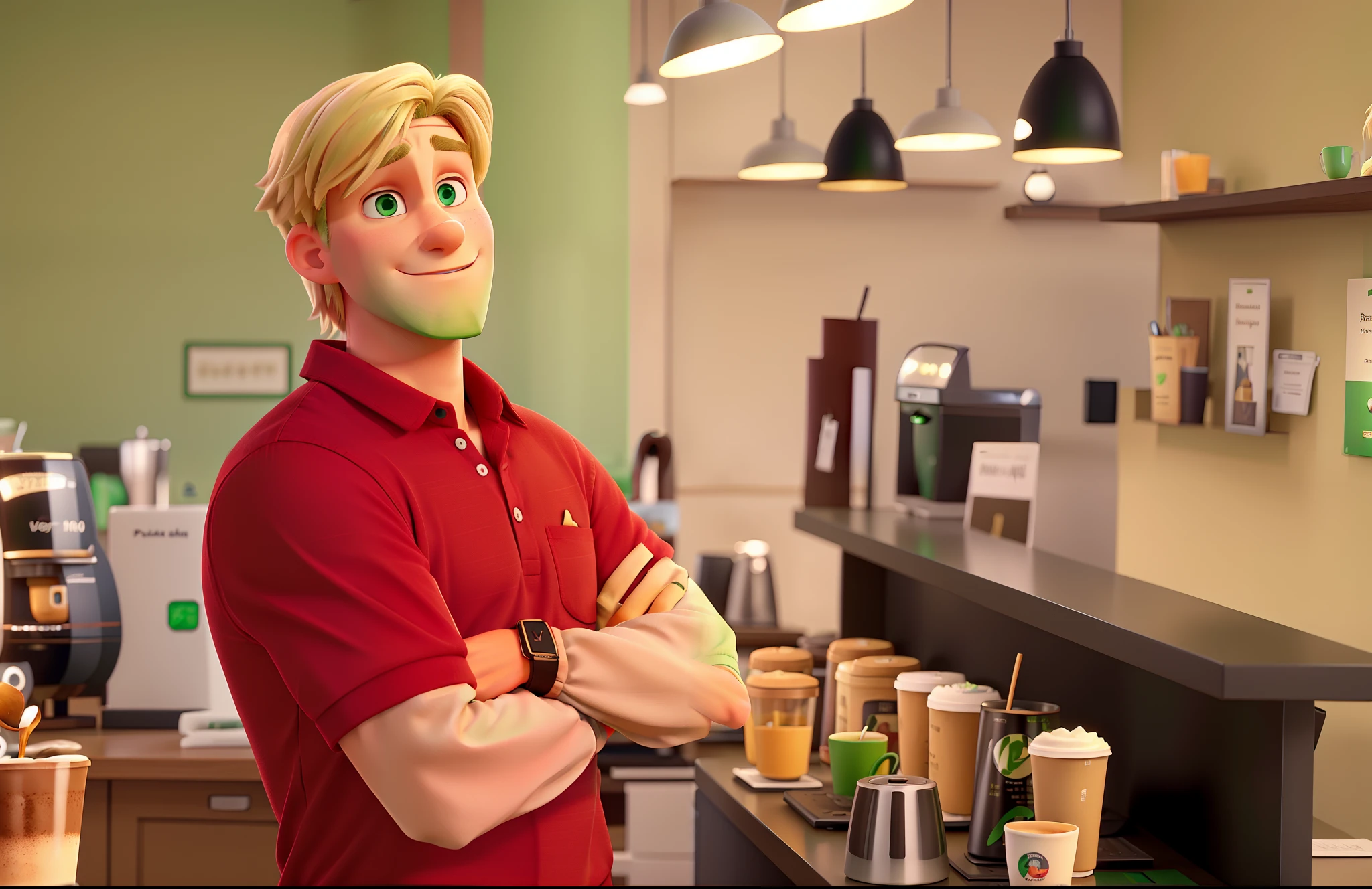 Green eyes blond man in Bordeaux shirt standing in a coffee shop, alta qualidade pixar