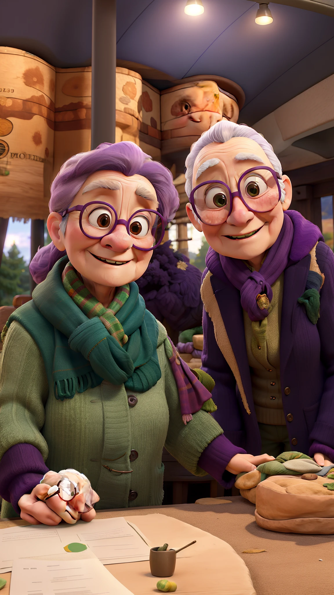 masterpiece, best quality, an old woman with glasses and a scarf on, wearing a purple coat and green scarf, standing at the park
