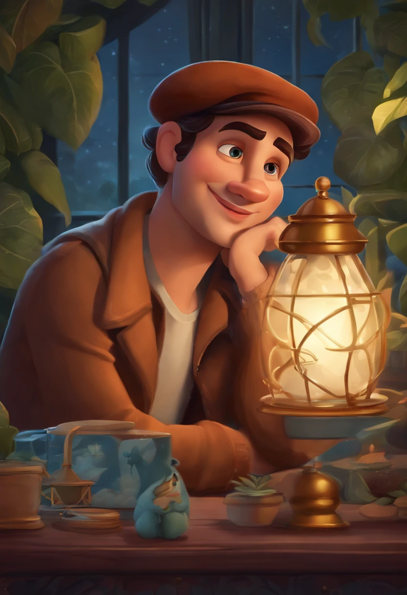 Cartoon illustration inspired by Disney: Dentro de um bar iluminado pela luz suave da noite, em cenario distante um homem jovem moreno e magro e de cabelos raspados e olhos castanhos, wearing a beret on his head. e com jaqueta Puffer na cor azul. ilustrado com apelo atemporal dos personagens da disney