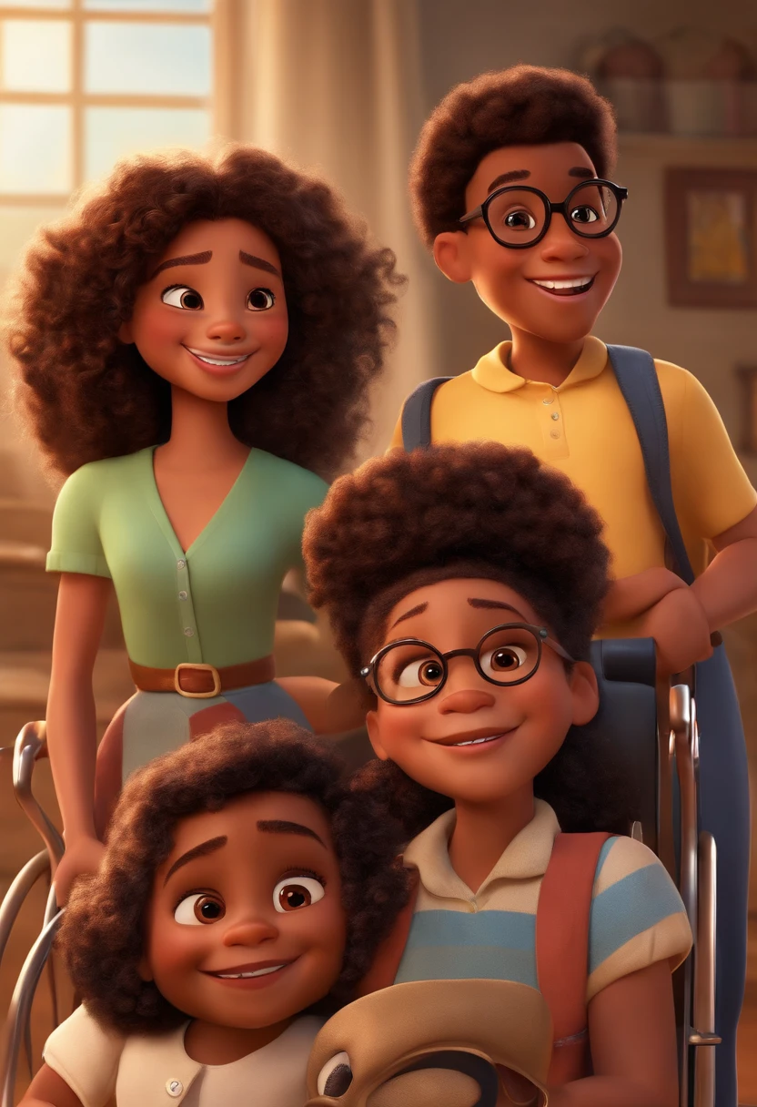 create a disney pixar poster of 3 children playing, one with brown skin color, long black hair, bangs, and slanted eyes, the other a redhead with curly hair, light skin, round prescription glasses and a wheelchair and a black boy with his hair curled, everyone very happy and being Disney characters