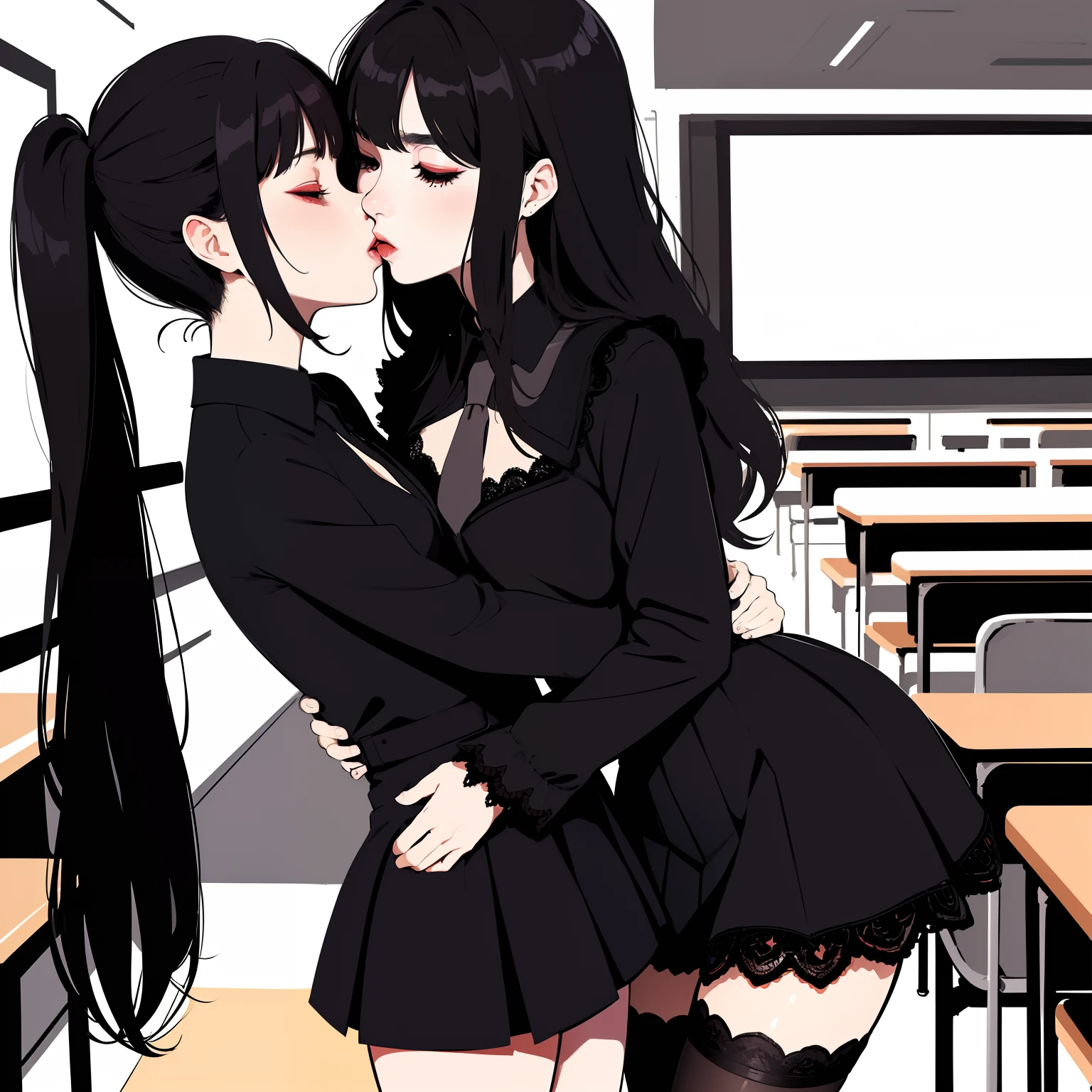 (superflat, flat shading, flat colors), masterpiece, best quality, classroom, 2girls, goth makeup, schoolgirl, loli, black dress, lace stockings, hugging, kissing, black classroom,