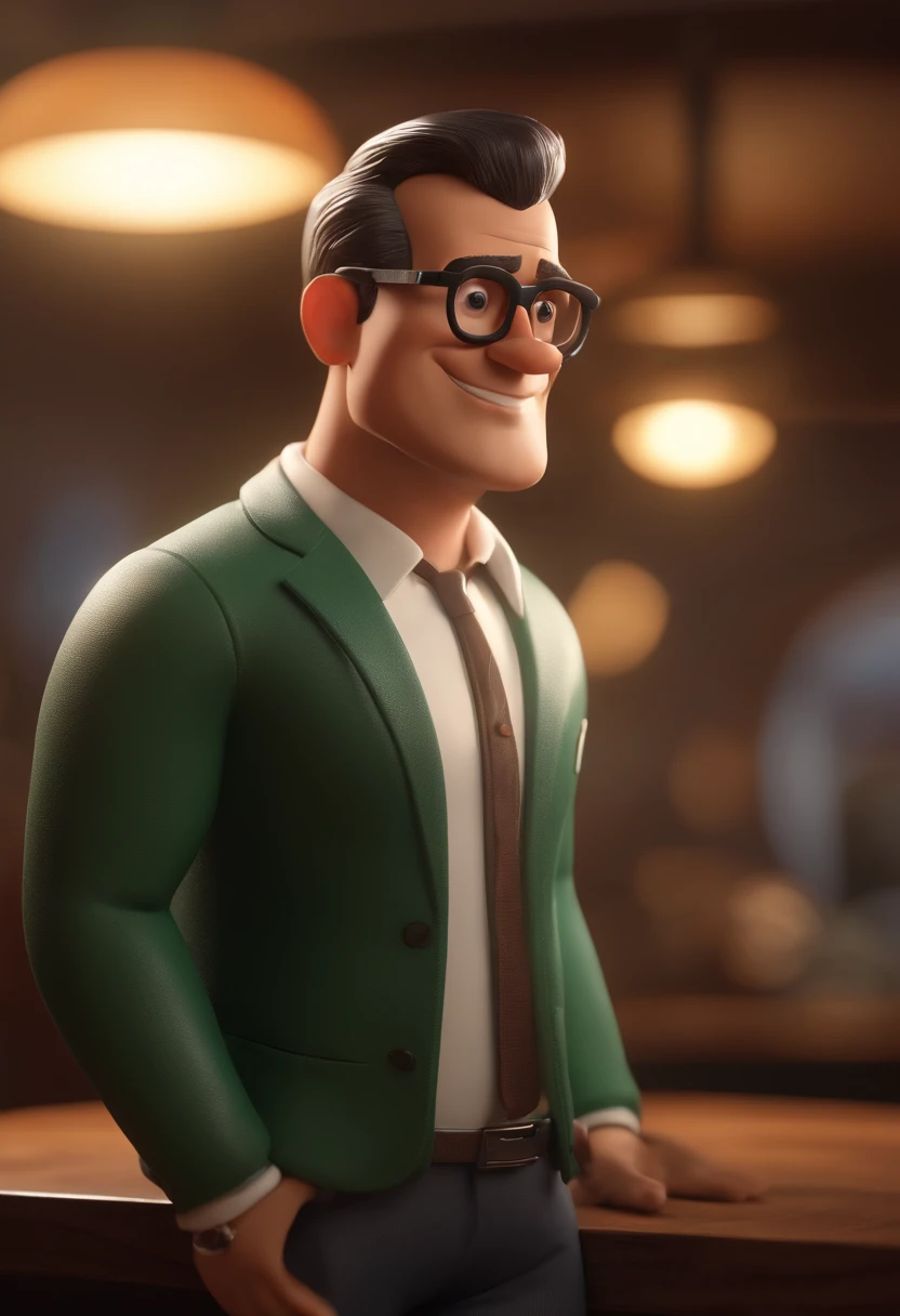 Cartoon character of a man with black glasses and a withe shirt, animation character, Caractere estilizado, animation style rendering, 3D estilizado, Arnold Maya render, 3 d render stylized, toon render keyshot, Personagem 3D, Personagem 3D, 3d rendering stylized, 3 d character render, personagem de desenho animado, Personagem de close up, Pose de personagem, (Estilo Pixar) (master part:1.2) (Bokeh) (best quality) (pele detalhada) (textura detalhada) (8k) (argila) (Cinematic lighting) (foco nítido