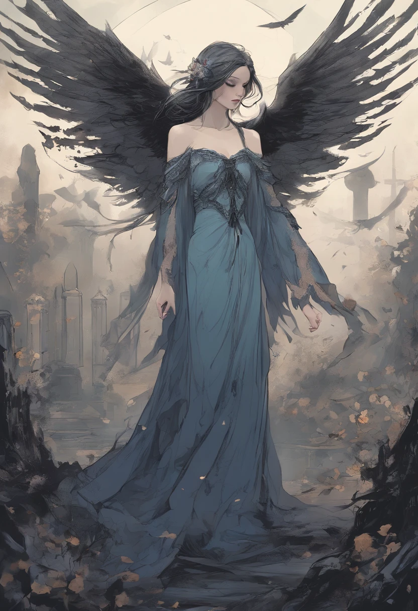 (best quality,4k,8k,highres,masterpiece:1.2),gothic and melancholy female angel,crying,anime style,detailed blue eyes,long dark flowing hair,fair and flawless skin,beautiful wings spread open,ornate and tattered black gown with lace trim,lit by a soft golden halo,background of a desolate cemetery,moonlit night,with wilted flowers and tombstones,subtle mist swirling around.