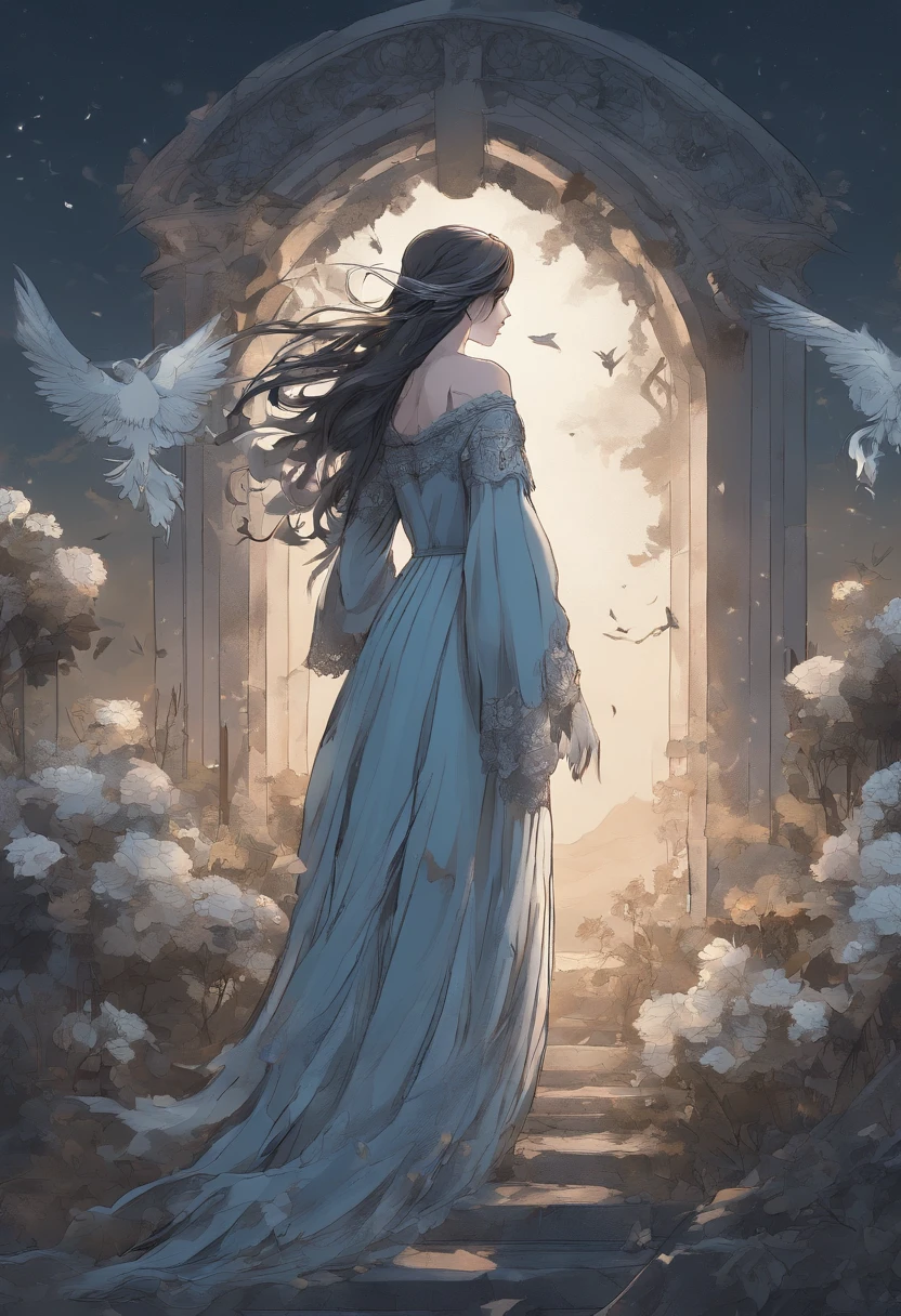 (best quality,4k,8k,highres,masterpiece:1.2),gothic and melancholy female angel,crying,anime style,detailed blue eyes,long dark flowing hair,fair and flawless skin,beautiful wings spread open,ornate and tattered black gown with lace trim,lit by a soft golden halo,background of a desolate cemetery,moonlit night,with wilted flowers and tombstones,subtle mist swirling around.