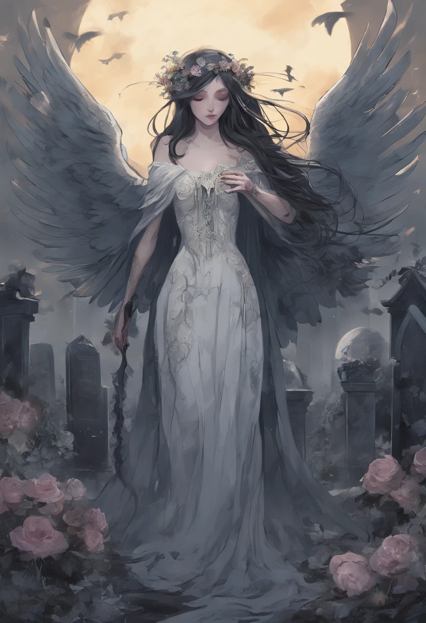 (best quality,4k,8k,highres,masterpiece:1.2),gothic and melancholy female angel,crying,anime style,detailed blue eyes,long dark flowing hair,fair and flawless skin,beautiful wings spread open,ornate and tattered black gown with lace trim,lit by a soft golden halo,background of a desolate cemetery,moonlit night,with wilted flowers and tombstones,subtle mist swirling around.