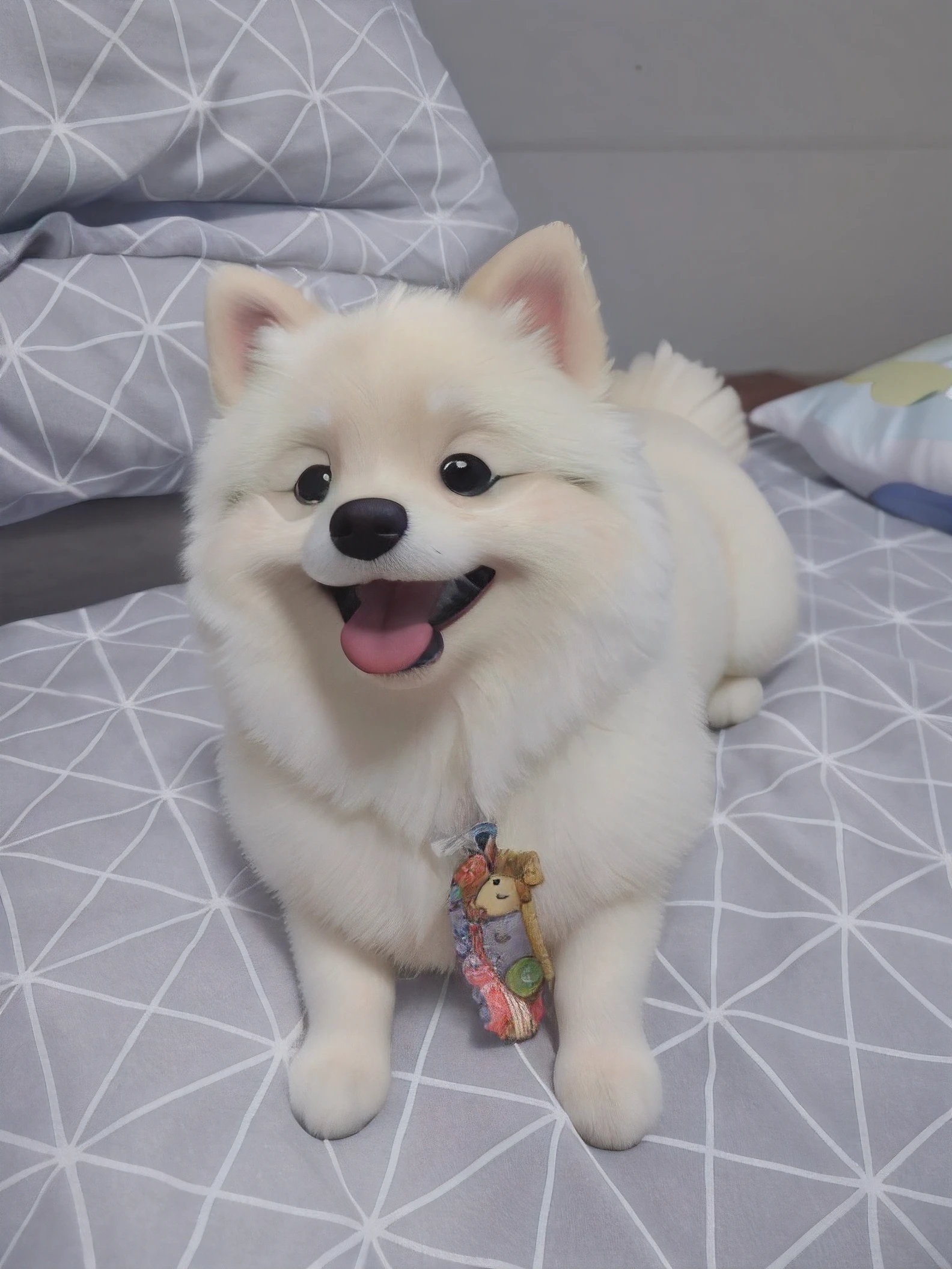 Cachorro de araffe com uma gravata em sentar em uma cama, Pomeranian, Mistura Pomeriana, he is very happy, Dog cute, peludo bonito precisa de sua ajuda, Poofy, he's smiling, she is smiling and happy, She is grinning, happily smiling at the camera, she is smiling and excited, kawaii cute dog, extremamente bonito