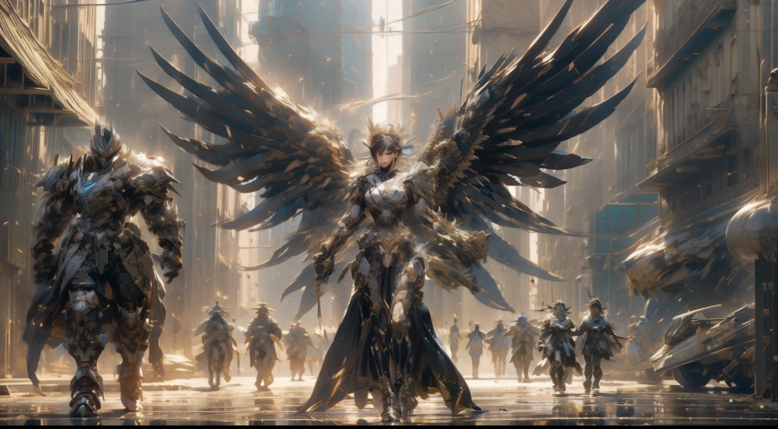 （（best qualtiy））， （（tmasterpiece））， （（Realistis））， （A detailed）， （realisticlying：1.5），illusory engine， (High detail: 1.9)，（femele：1.4），（big breasts beautiful： 1.4),(carismatic:1.3)， （Large breasts）， Female angel，Black feathered wings，beuaty girl，beauitful face， looking at viewert， dynamicposes， postapocalyptic， Destroyed city background， scientific fiction， hdr， Ray traching， NVIDIA RTX， Hyper-Resolution， Unreal 5， sub surface scattering， PBR textures， Post-processing， Anisotropic filtering， depth of fields， Maximum clarity and sharpness， trichotomy，8K original，（Luminous Particle：1.4），（VerydetailedCG，Unity 8k壁纸，cinmatic lighting，lens flare glow），Reflectors，Sharp focus，black toga