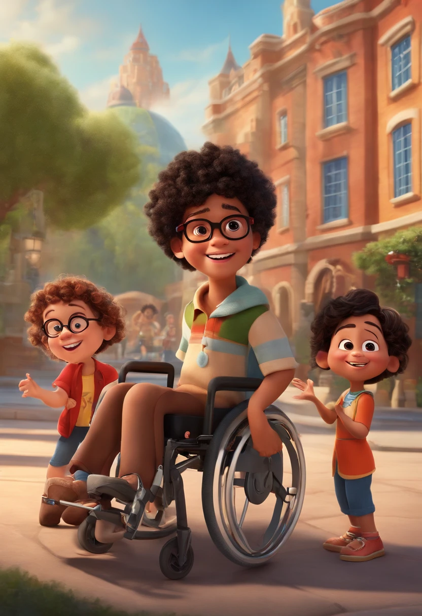 create a Disney Pixar poster with 3 children playing, one with white skin, long black hair, bangs and Japanese, another with light red skin and curly hair, round glasses and a wheelchair and a black boy with curly hair, all very happy and being Disney characters