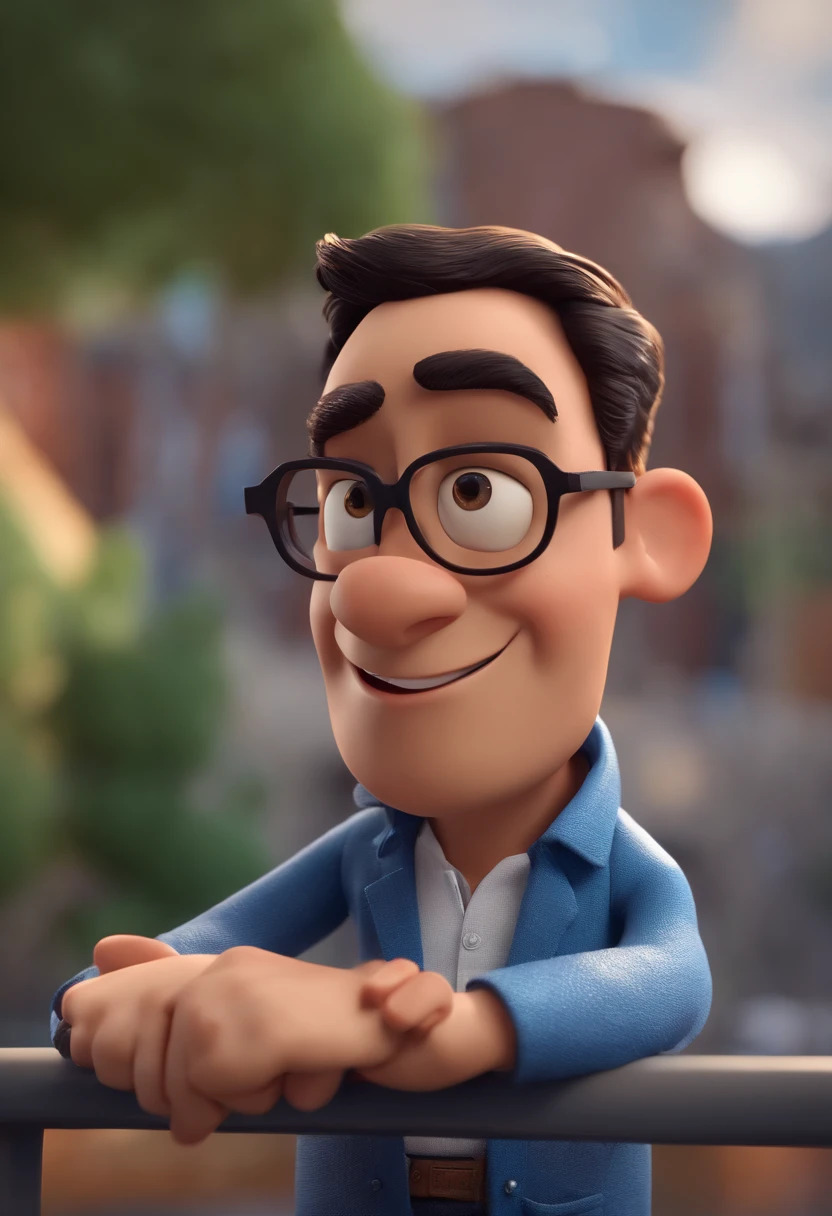 Cartoon character of a man with black glasses and a blue shirt, animation character, Caractere estilizado, animation style rendering, 3D estilizado, Arnold Maya render, 3 d render stylized, toon render keyshot, Personagem 3D, Personagem 3D, 3d rendering stylized, 3 d character render, personagem de desenho animado, Personagem de close up, Pose de personagem, (Estilo Pixar) (master part:1.2) (Bokeh) (melhor qualidade) (pele detalhada) (textura detalhada) (8k) (argila) (Cinematic lighting) (foco nítido) cabelo curto moreno e cor da pelo negra